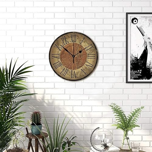 Miniatura 5 de Reloj de pared de madera, estilo vintage, mapa del mundo antiguo, movimiento de barrido preciso, reloj de pared redondo, estilo rural, reloj de