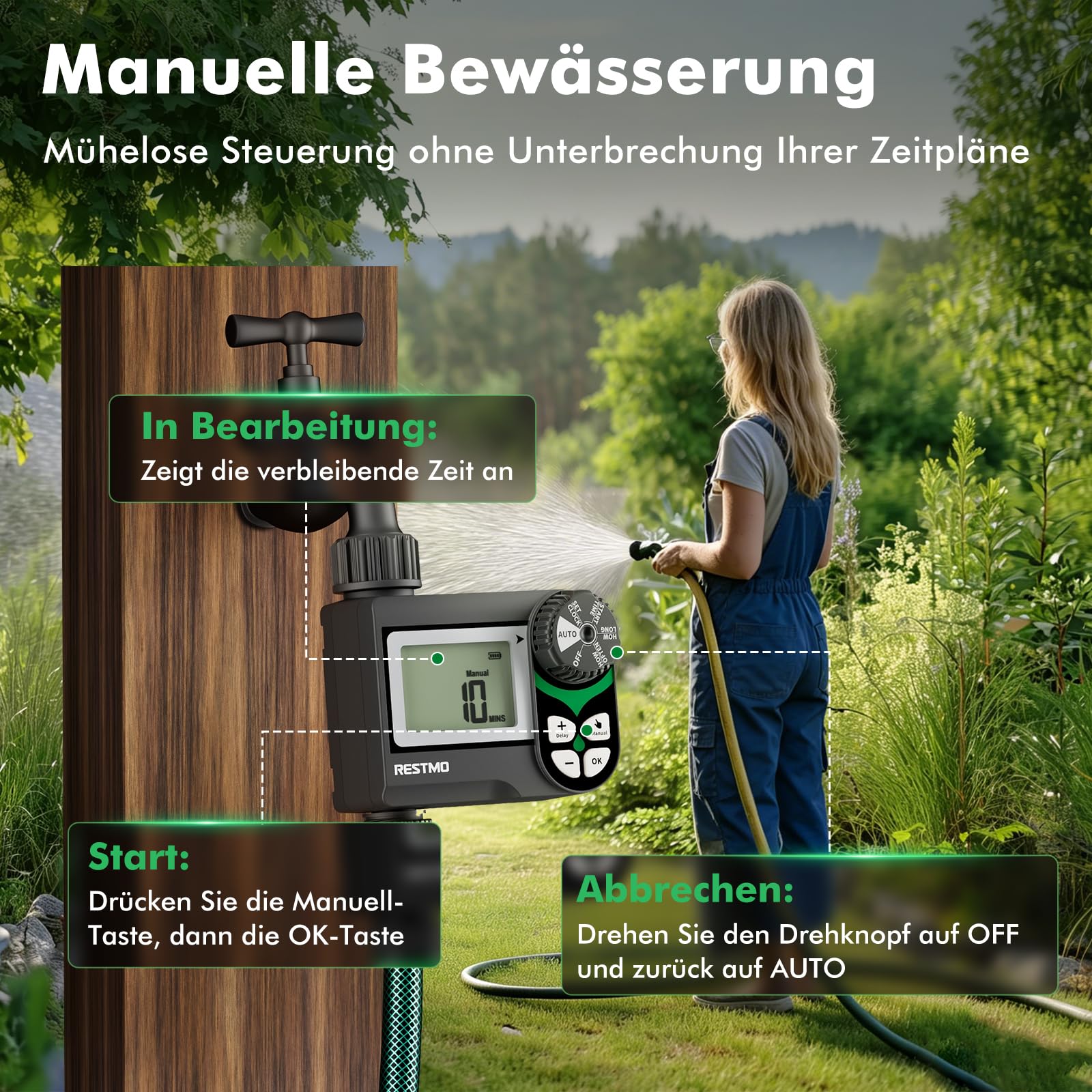 RESTMO Bewässerungscomputer mit druckverlustfreiem Kugelhahn (0-120 PSI), Intervall-Programm (2 Modi) & Regenverzögerung (24-72 h) – Gartenbewässerungssystem für Regentonnen, Hochbeete, Rasen