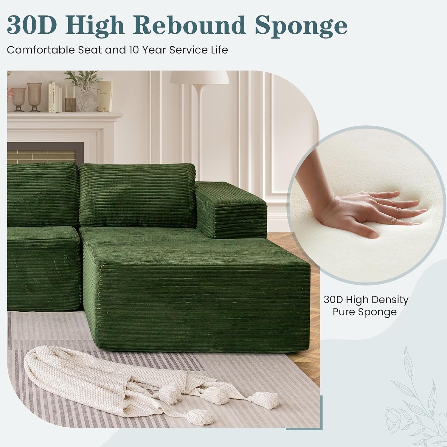 HOMREST 106" Cloud Sectional Couch with Chaise Lounge, L-Shape Modular Sectional Boneless Sofa with Deep Seat, Upholstered Couches for Living Room Bedroom, No Assemble, Green (Plush Corduroy Fabric)