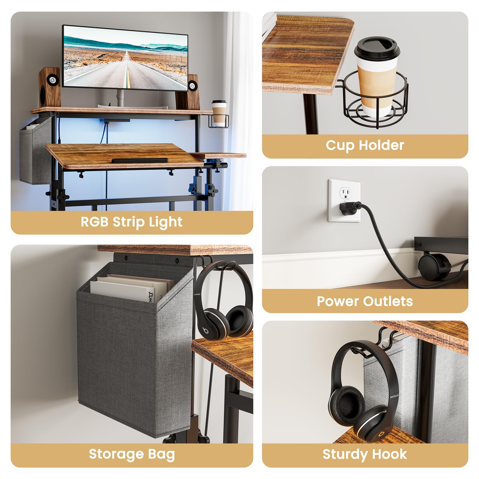 Dripex Stehpult Höhenverstellbar mit Steckdosen, Sitz-Steh Schreibtisch mit Rollen, LED Stehtisch mit neigbar Tischplatte, 80x60cm Laptoptisch Workstation für Zuhause und Büro, Vintage Braun