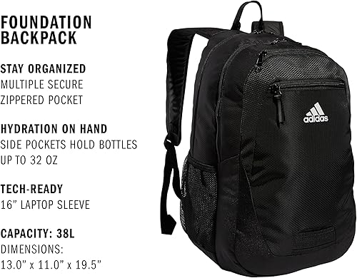 Miniatura 3 de Mochila adidas Foundation para Laptop, Funda para Libro, Bolsa Deportiva Grande y Duradera para Gimnasio, NegroBlanco