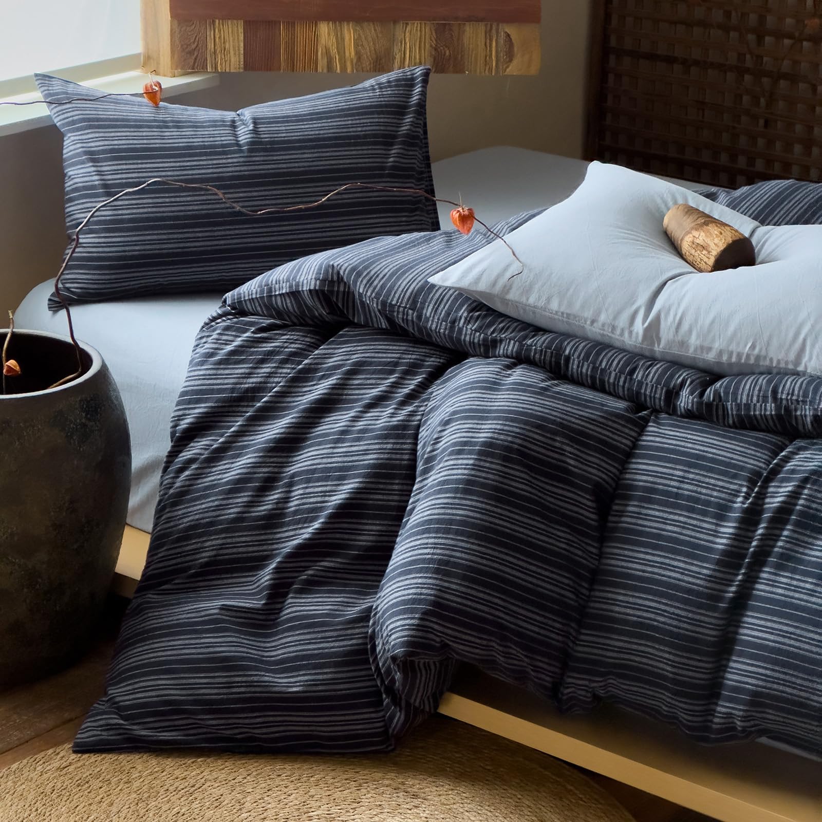 Striped Duvet Cover Set Washed Cotton,Queen(90"x90"),Minimalist- Navy