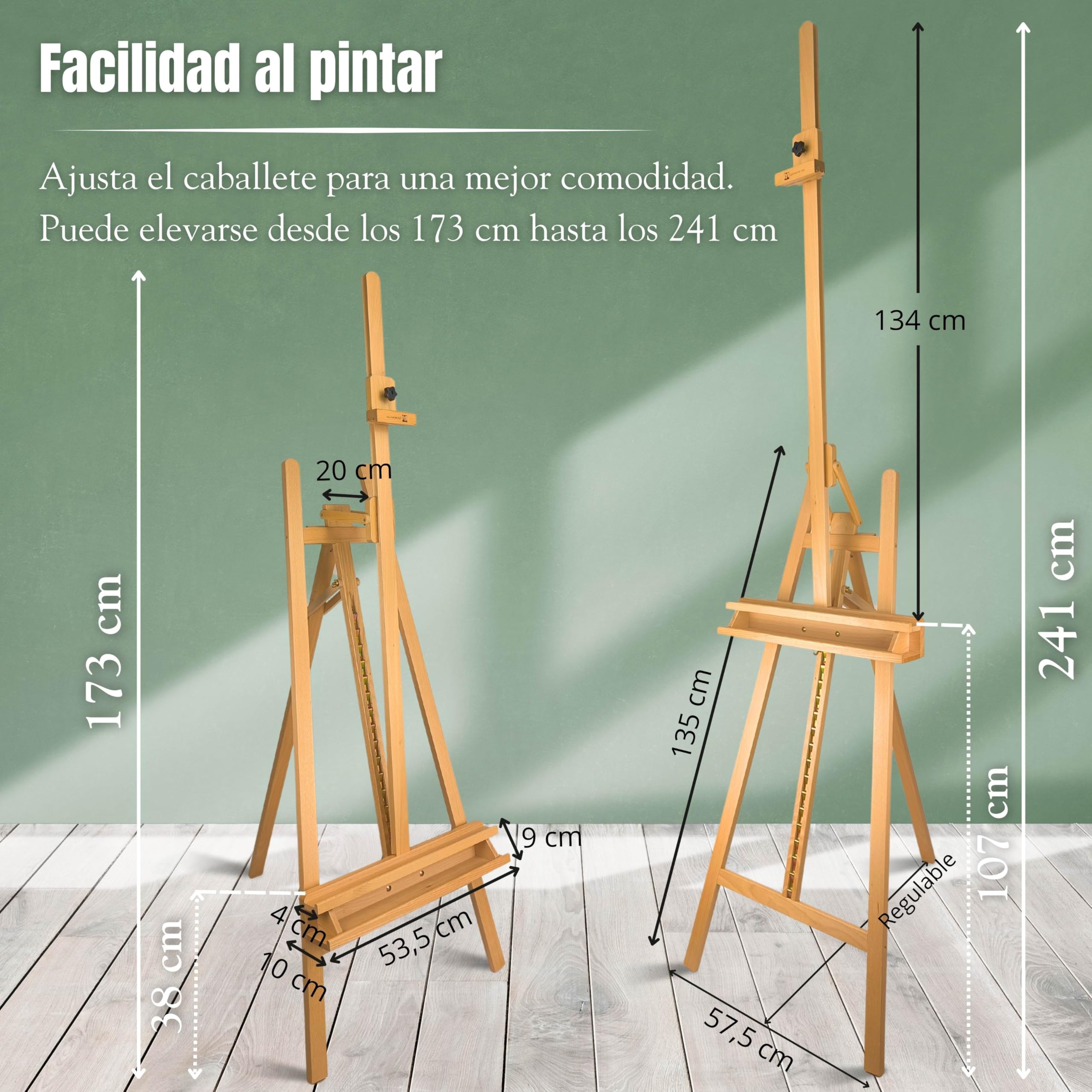Caballete pintura profesional VERMEER Soporta lienzos grandes hasta 125 cm, Altura Ajustable desde 173-241 cm. Caballete Madera de Haya Fácil de Montar para Adultos, Artistas