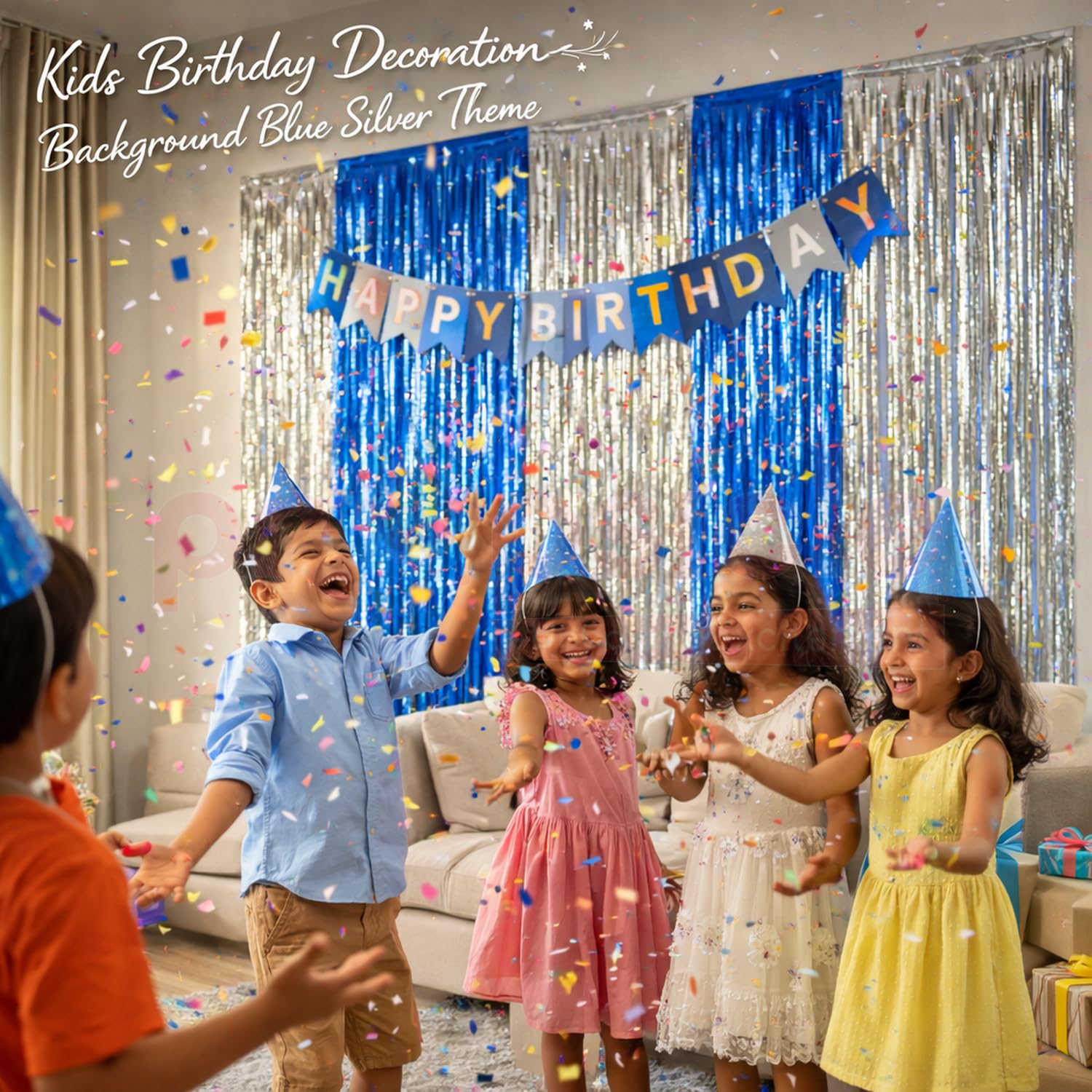 Propsicle Blue Silver Foil Fringe Curtains 3x6 ft, Metallic Backdrop Streamers Pack of 4 for Birthday, Anniversary, Bachelorette, Bachelor, New Year Decoration, Photo Booth Background, Table Skirt 2