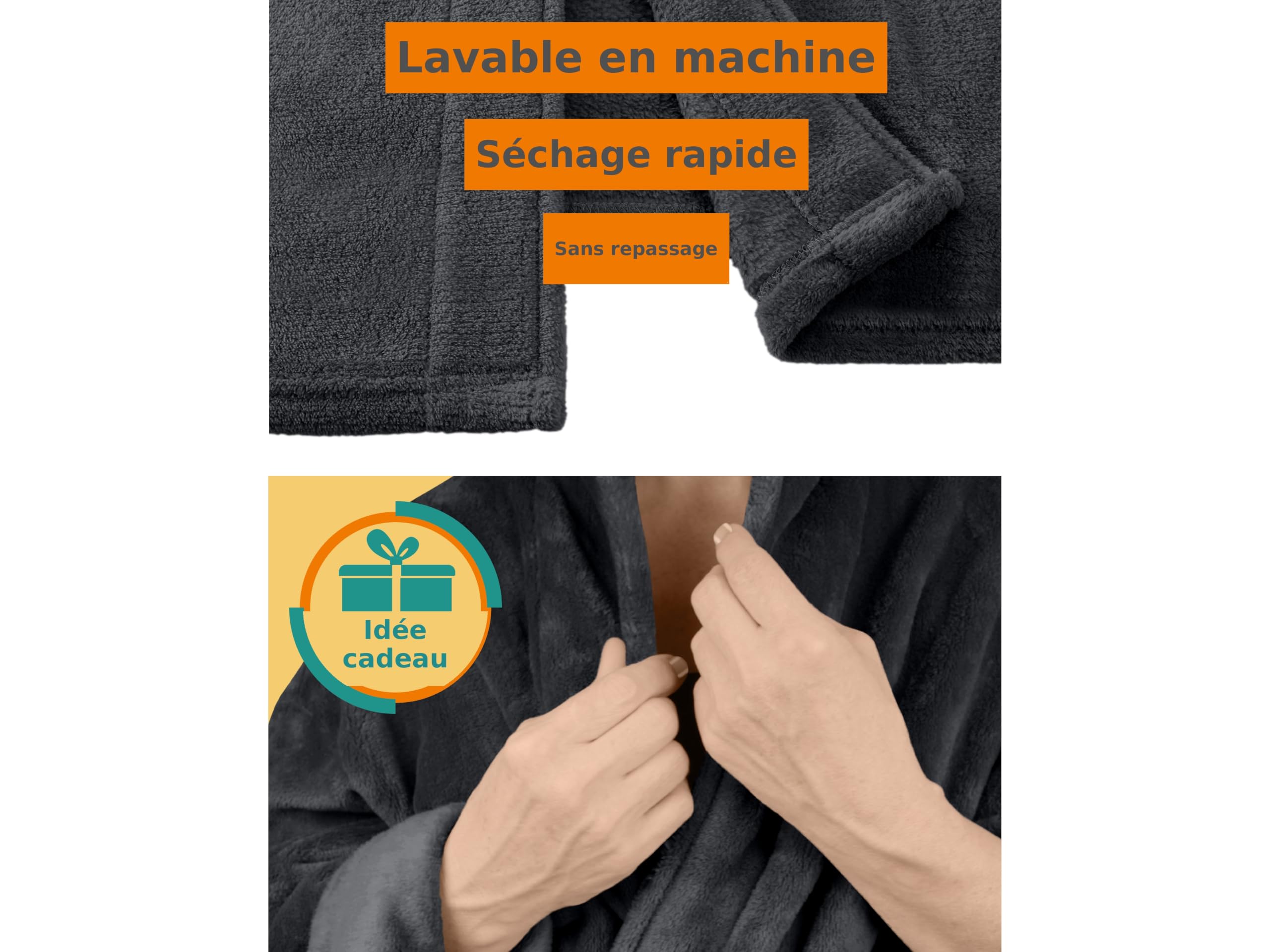 npluseins Peignoir de bain en polaire moelleuse avec col châle – Femme & Homme, XXL, Anthracite