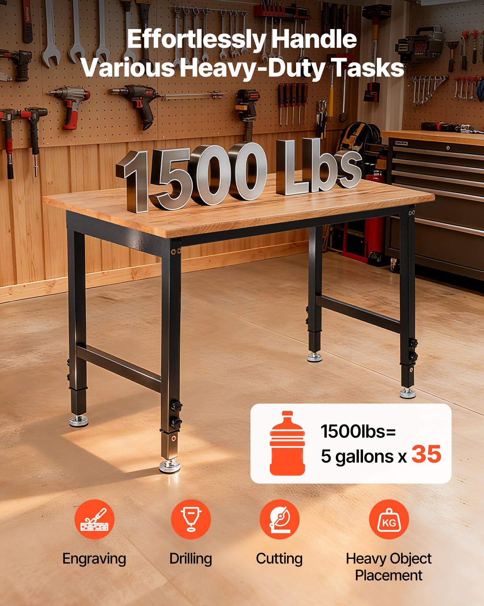 VEVOR Werkbank, 680 kg, Werkstatttisch 122x60 cm große Arbeitsplatte aus Eichenholz, Arbeitstisch mit 67–102 cm Höhenverstellung, Werktisch für Garage, Werkstatt, Zuhause, Büro & Gewerbe