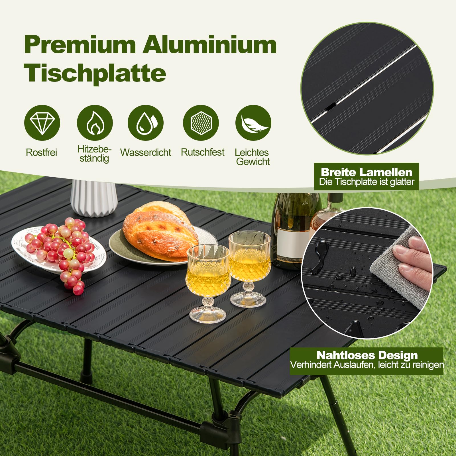 COSTWAY Składany stół kempingowy, z regulacją wysokości, z aluminiowym blatem, stół ogrodowy z zwijanym blatem, w zestawie torba do przenoszenia, 90 x 60,5 x 52 cm (czarny)