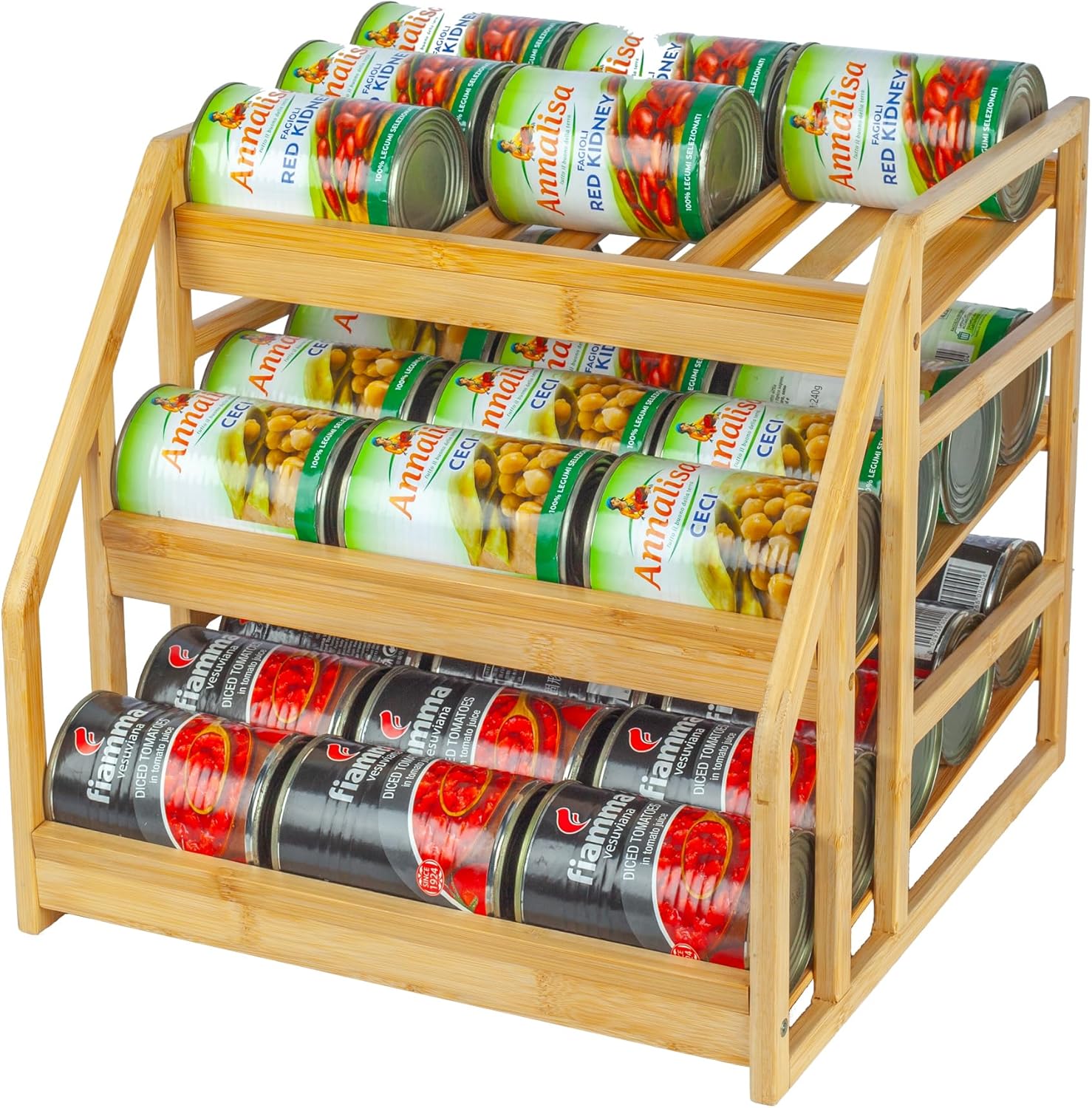 MinBoo Bamboo Can Rack Organizer, Kitchen Pantry Storage, 36 Can Capacity, Tilt Design Bamboo Large
