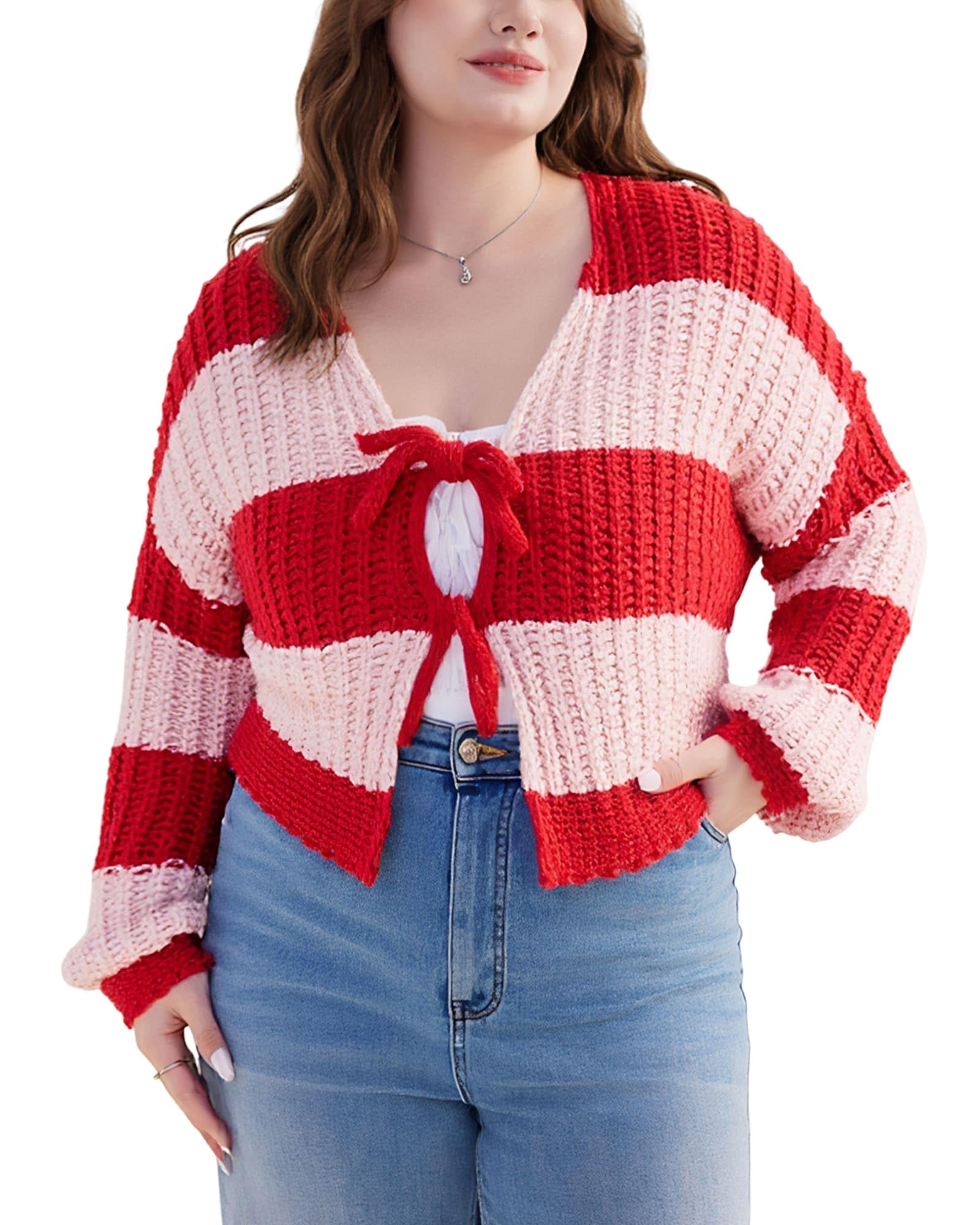 Plus Size Striped Sweater Women V Neck Tie Front Knit Cardigan Oversized Trendy Sweaters for Women Fall