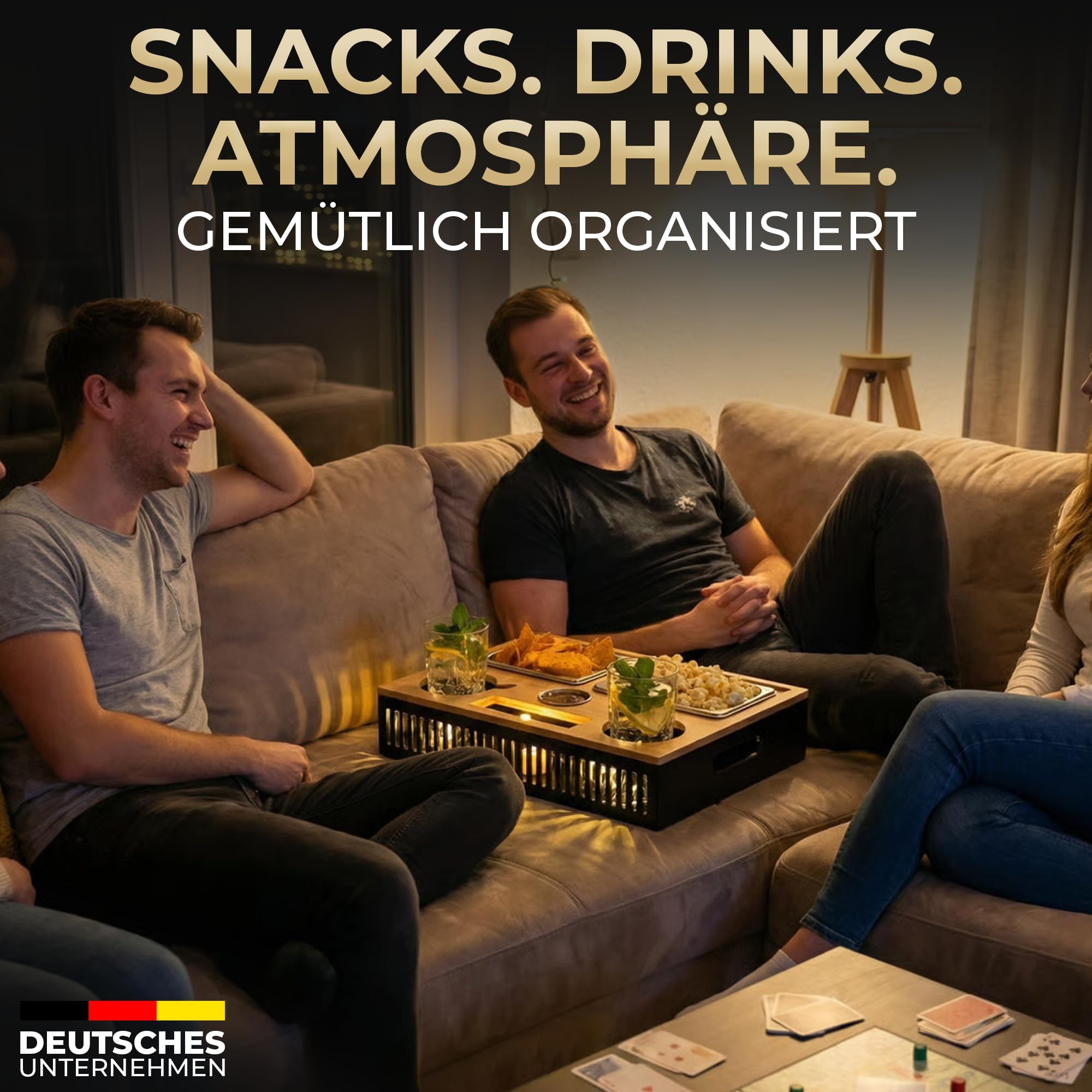 Couchbar Snackbox mit Leuchteffekt – Holz Sofatablett für Sofa, Snackbar & Organizer Tablett, 2-in-1 Couch Bar mit Getränkehalter, Weinhalter & Handyhalterung, Geschenke für Männer & Frauen