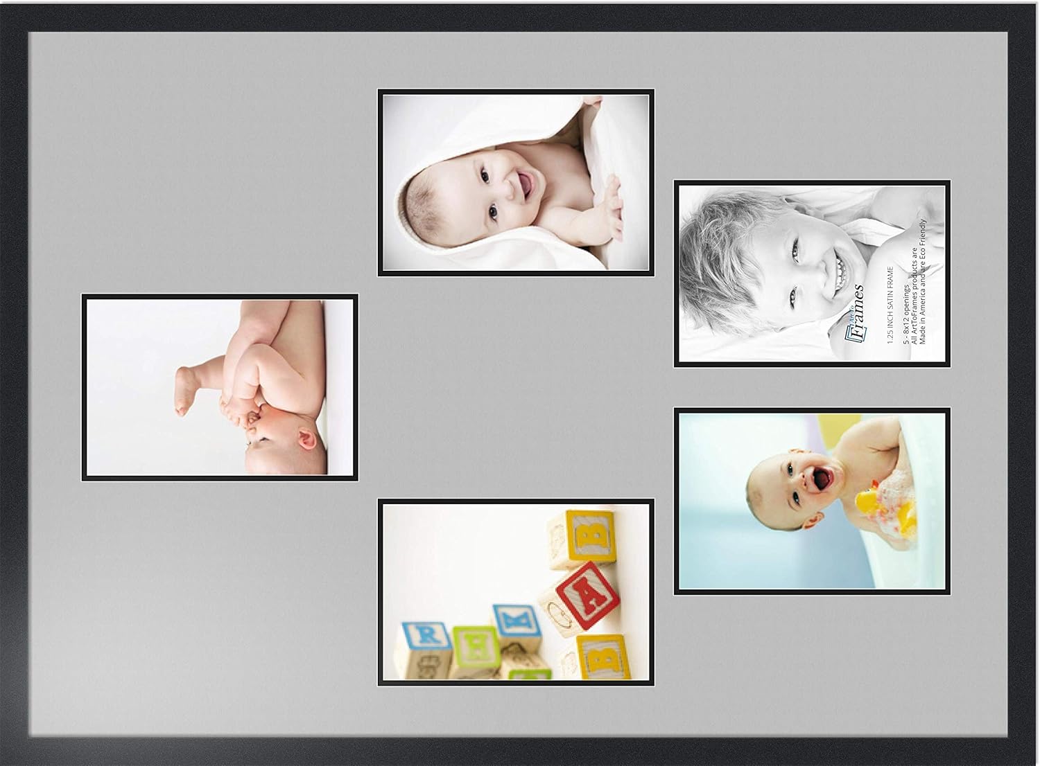 ArtToFrames Collage Photo Frame Double Mat with 5-8x12 Openings with Satin Black Frame and TV Grey mat.