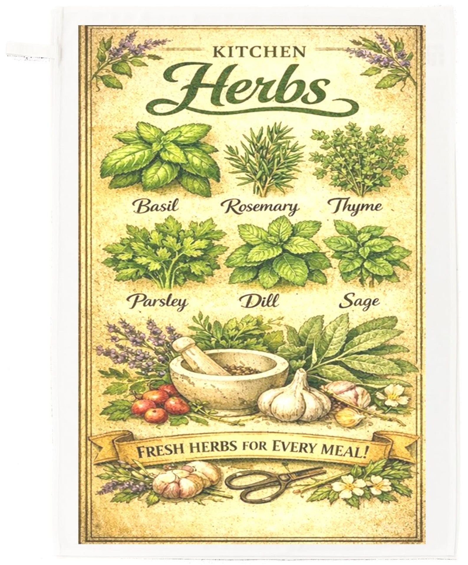 Types of kitchen herbs cotton tea towel