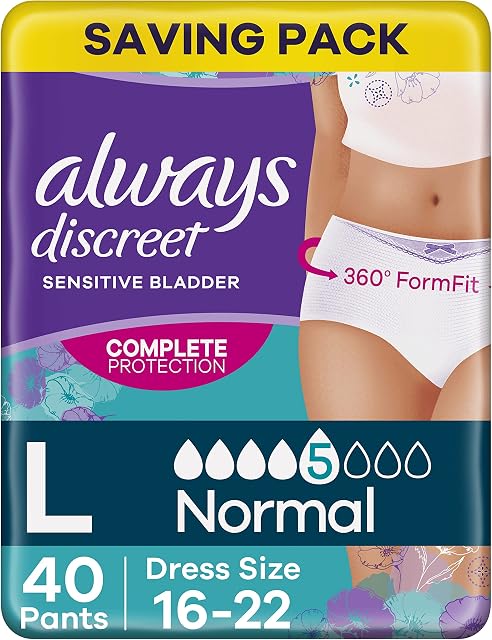 Always Discreet Incontinence Pants Women, Large, Normal, 40 Pants (10 x 4 Packs), Odour Neutraliser, SAVING PACK, Dress Size 16-22, For Sensitive Bladder