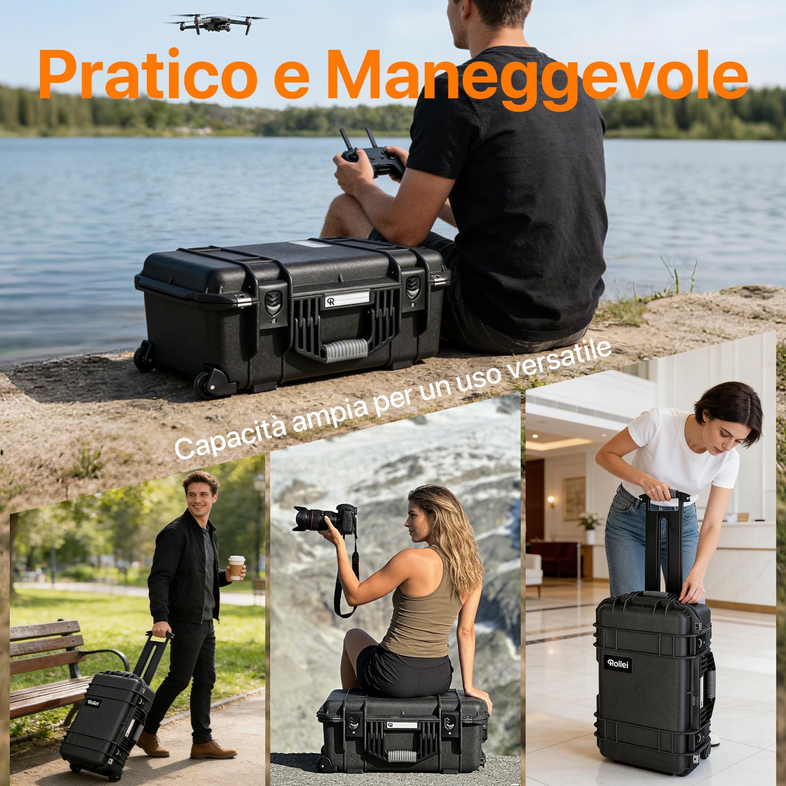 Rollei Valigia per fotocamera, trolley estremamente robusta, infrangibile e impermeabile, grande valigetta con ruote, regolazione automatica della pressione e protezione antifurto, trolley per