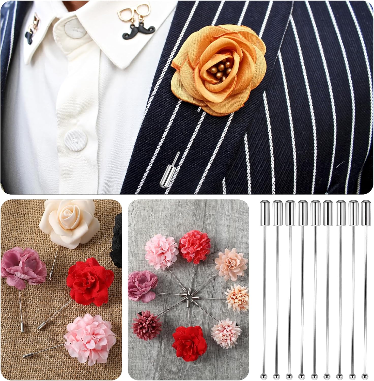 20 Pcs Boutonniere Pins Corsage Pin Sewing Stick Long Needle Eye Pin Round Ball Metal Brooch Boutonniere Sticks with Stopper Suit Tie Hat Pin for DIY Craft Jewelry Making Accessories