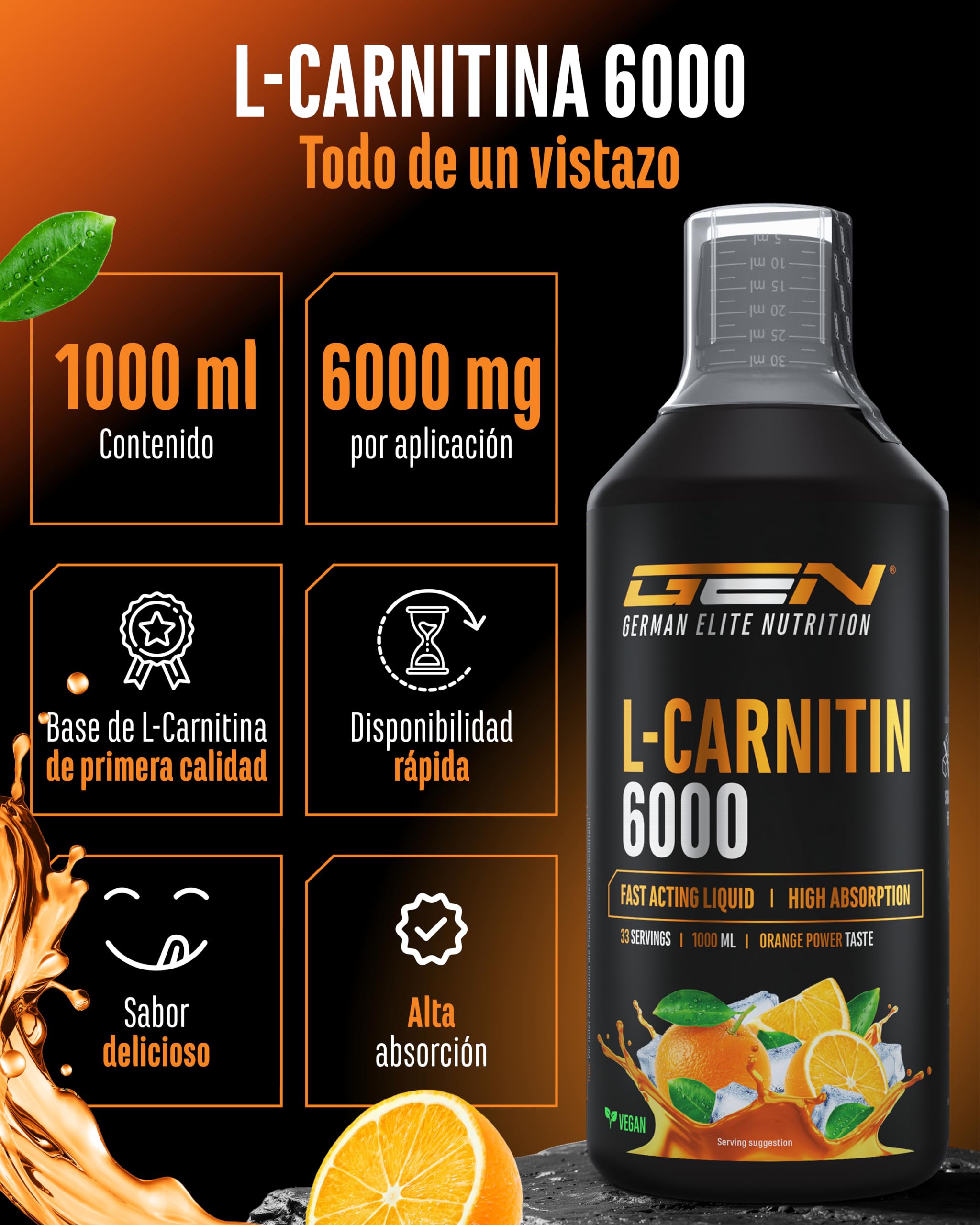 l carnitina bebida GEN GERMAN ELITE NUTRITION L-Carnitina 6000 Liquid - 1000 ml | Sabor Naranja - Dosis extra alta con 6000 mg de L-Carnitina Pura por Dosis Diaria - Amino Workout Tratamento facial Bryan Johnson - CWG Quantity:3 BOX