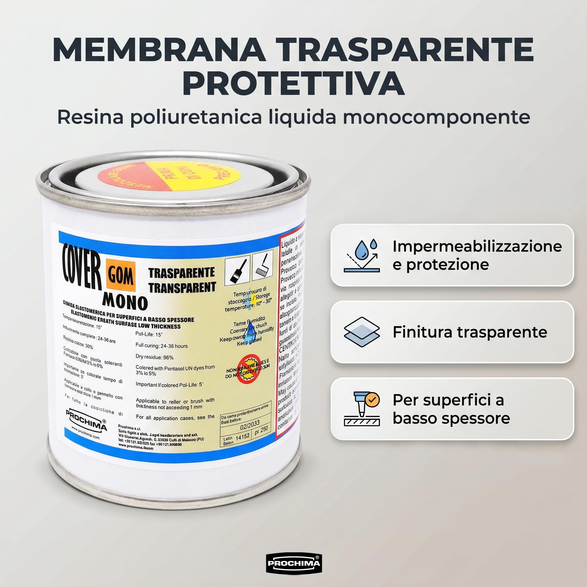 PROCHIMA Covergom Mono Trasparente da 1000 gr, Membrana Poliuretanica Liquida Trasparente Monocomponente per Impermeabilizzazioni e Coperture Semi Elastiche, RP510K1