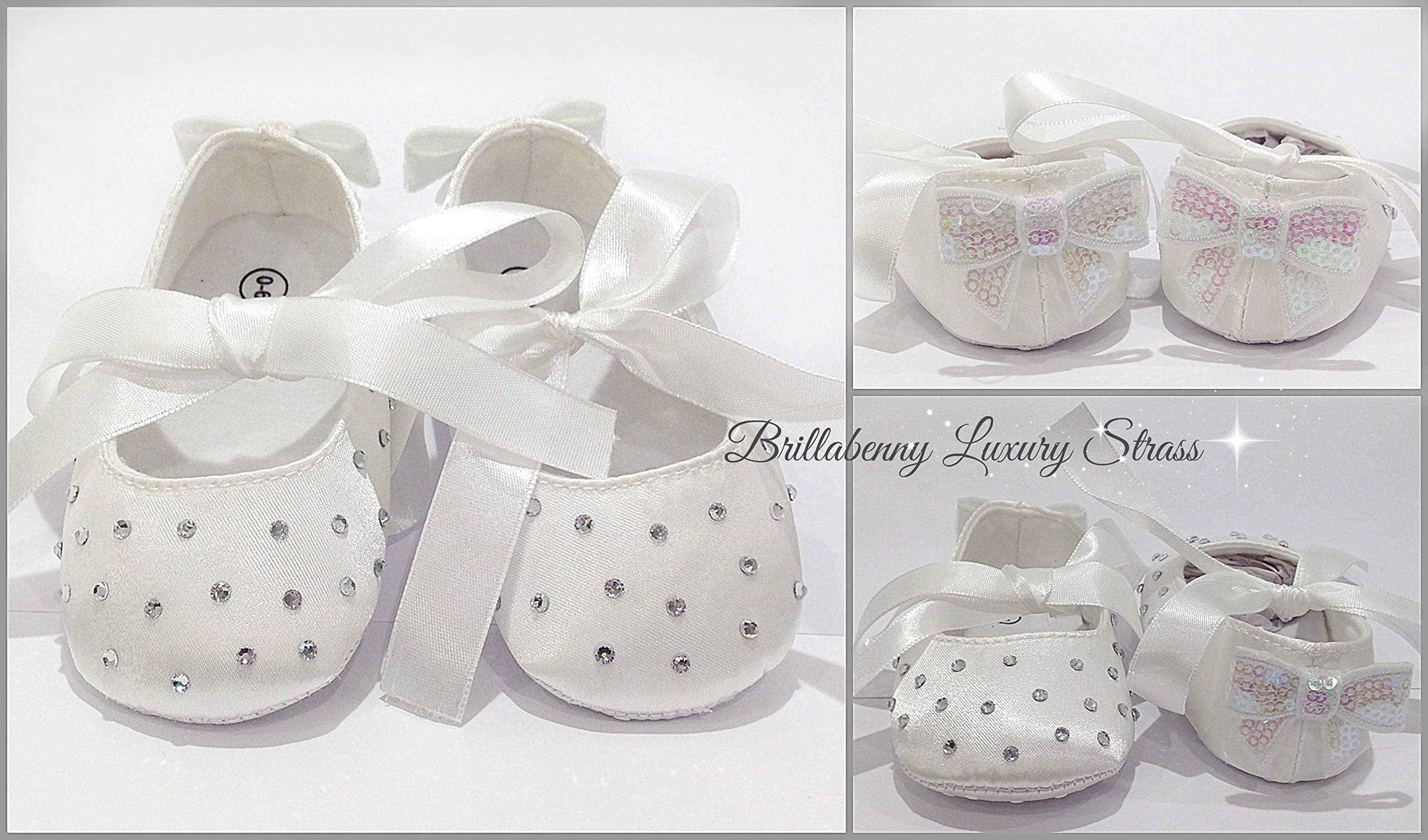 SCARPE BALLERINE NEONATA BIANCHE CLASSICHE O CON CRISTALLI STRASS SCARPINE CERIMONIA BATTESIMO REGALO NASCITA 11,5 CM BABY SHOES Brillabenny (6-12 Mesi con Strass)