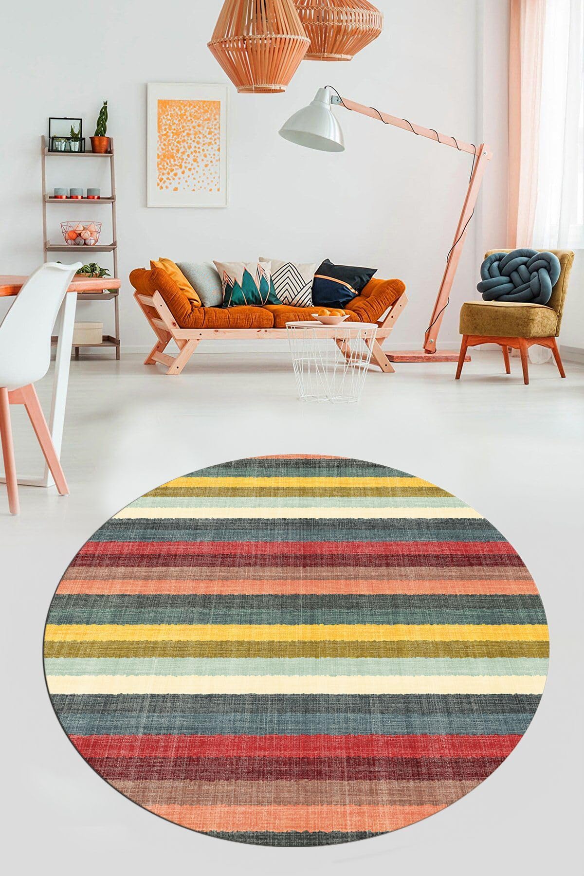 Evdeya Modern Kilim Desen Dijital Kaymaz Taban Yıkanabilir Yuvarlak Mutfak Salon Halısı Y-MODERN-25, Çok Renkli, 100 x 100