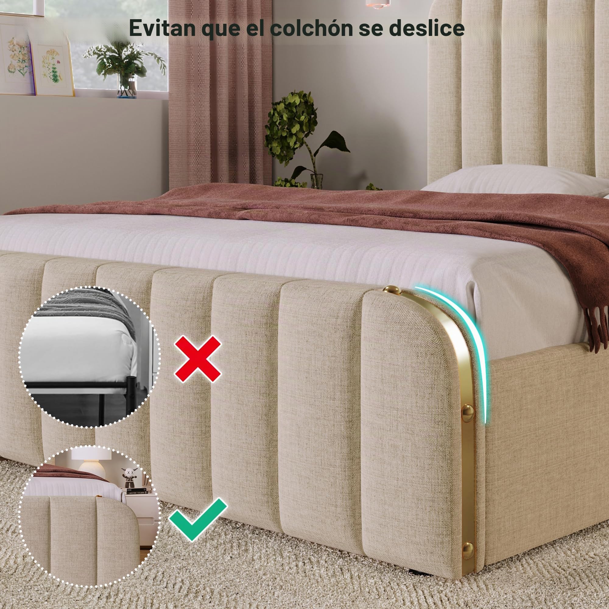 Cama tapizada de 180 x 200 cm, cama de matrimonio con 4 cajones y puerto USB Tipo-C de tela de lino, cabecero tapizado con acabados dorados, para adultos y niños, sin colchón, beige