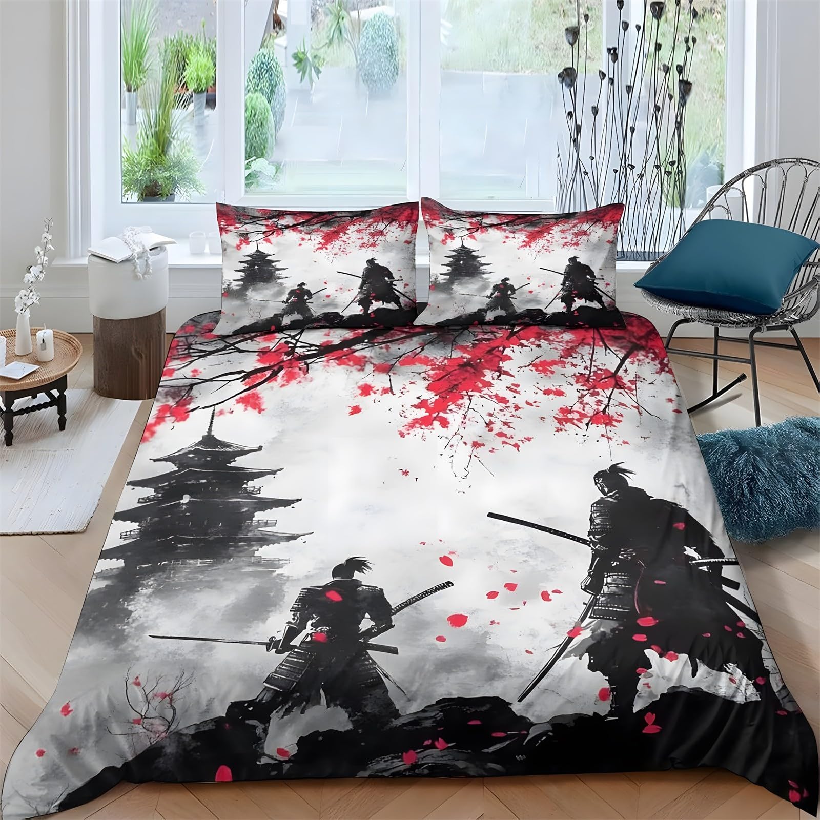 Ypthriline Single Duvet Cover Set Samurai Bedding Set Microfiber Pagoda Duvet Covers with Pillowcases Reversible Bedding With Zipper Closure 135x200CM