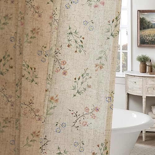 Floral Farmhouse Vintage Linen Shower Curtain, French Country Shower Curtains for Bathroom, 72Wx72H