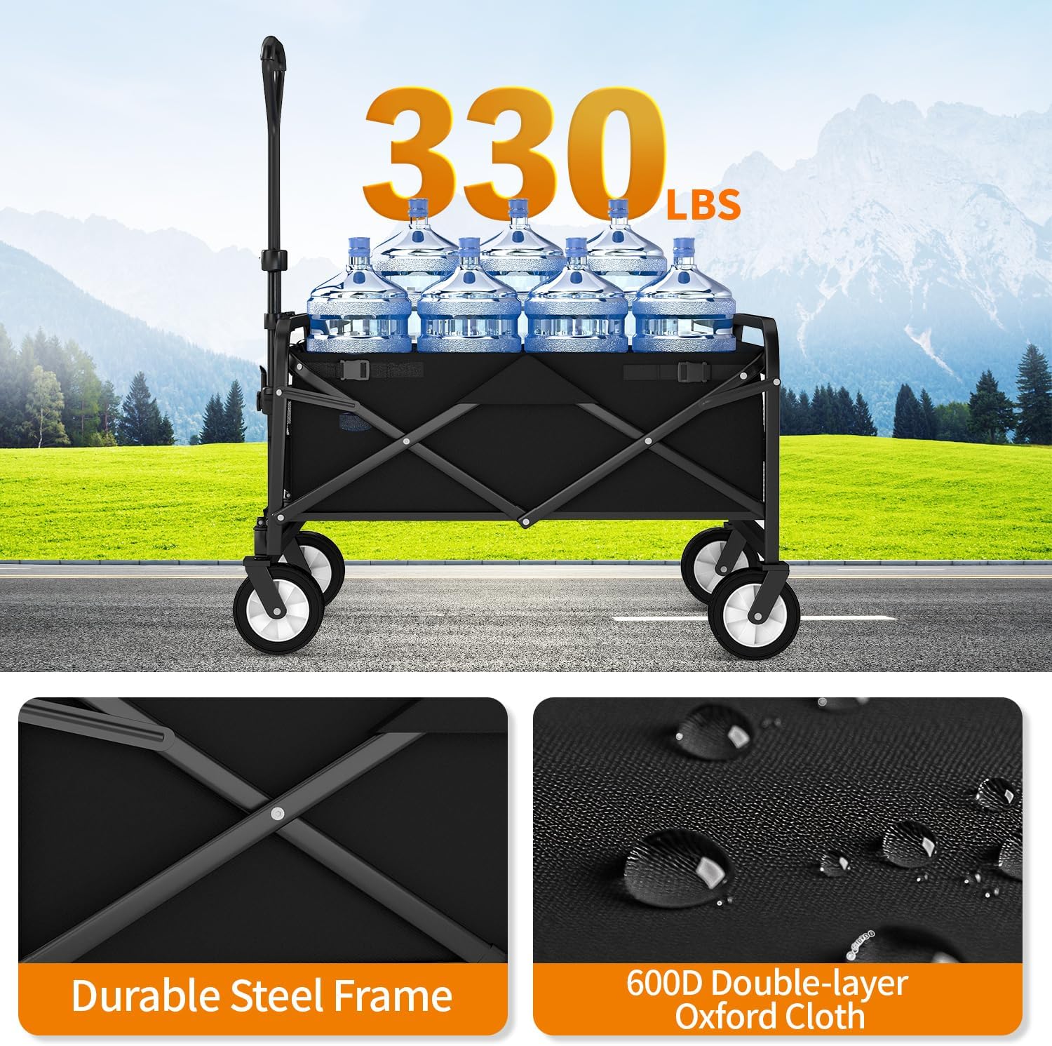 Collapsible Folding Wagon Garden Cart Beach Wagon Grocery Wagon All-Terrain Wheels Garden Grocery Wagon (Black)