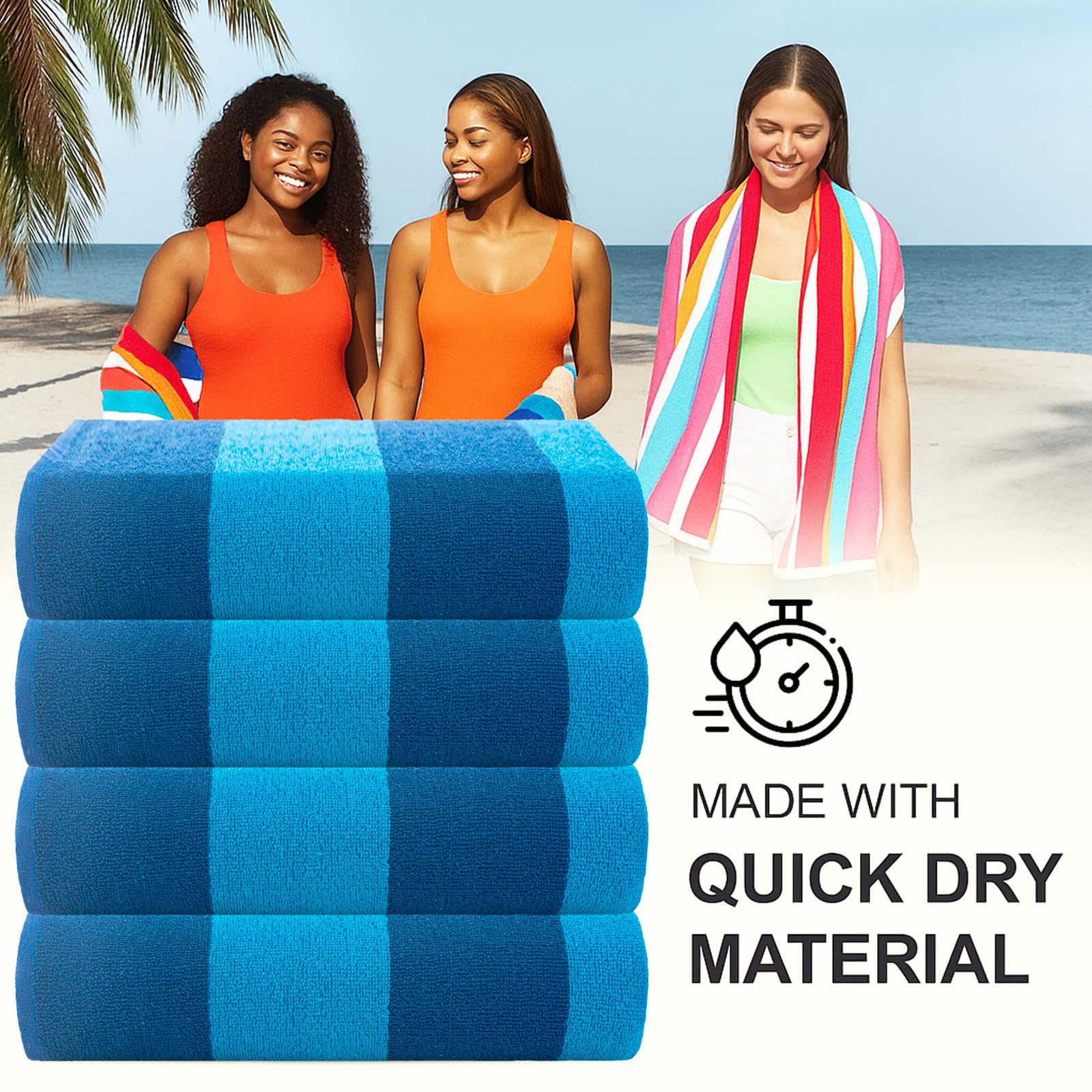 Casa Copenhagen Serviettes de Plage Malibu, conçues au Danemark, Robustes et durables, séchage Rapide, pour la Piscine. Lot de 4 Serviettes de Plage et de Bain en Coton, 76x 152cm. Bleu/Turquoise