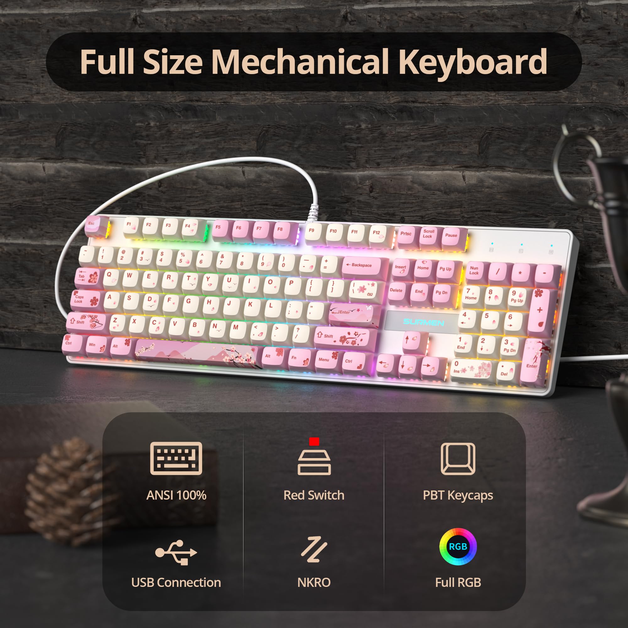 SOLIDEE Teclado mecánico para Juegos 104 Teclas,US Layout QWERTY,100% Teclado para Juegos retroiluminado RGB con Teclado numérico,Teclado mecánico NKRO para portátil Windows(104 Flower)