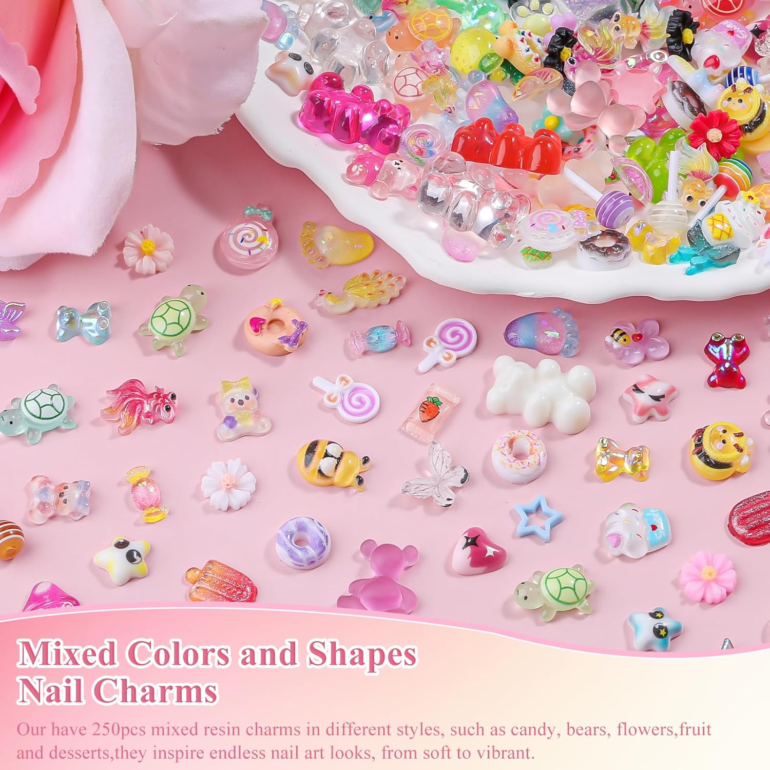 250pcs Kawaii 3D Candy Nail Charms Kit,Y2K Cartoon Gummy Bear Bees Fruit Pineapple Sweet Candy Lollipop Donut Ice Cream Cute Heart Star Bows Mixed Colors Jewelry Nail Embellishments for Nail Art Craft - Image 4