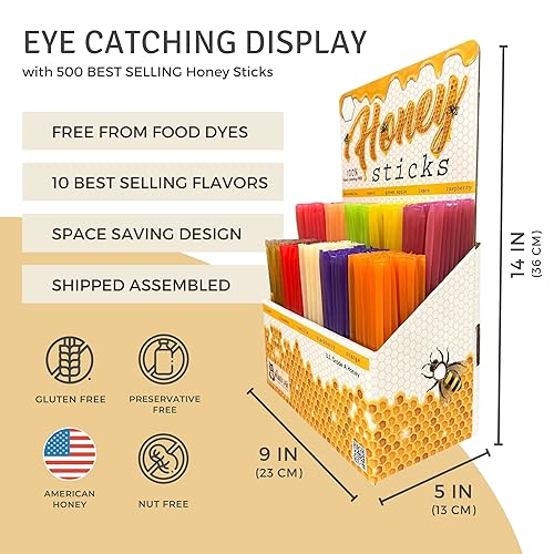Miniatura 2 de The Honey Jar – Exhibición tradicional en barra de miel con 500 palitos de miel surtidos, perfecto para tienda de regalos, tienda de comestibles,