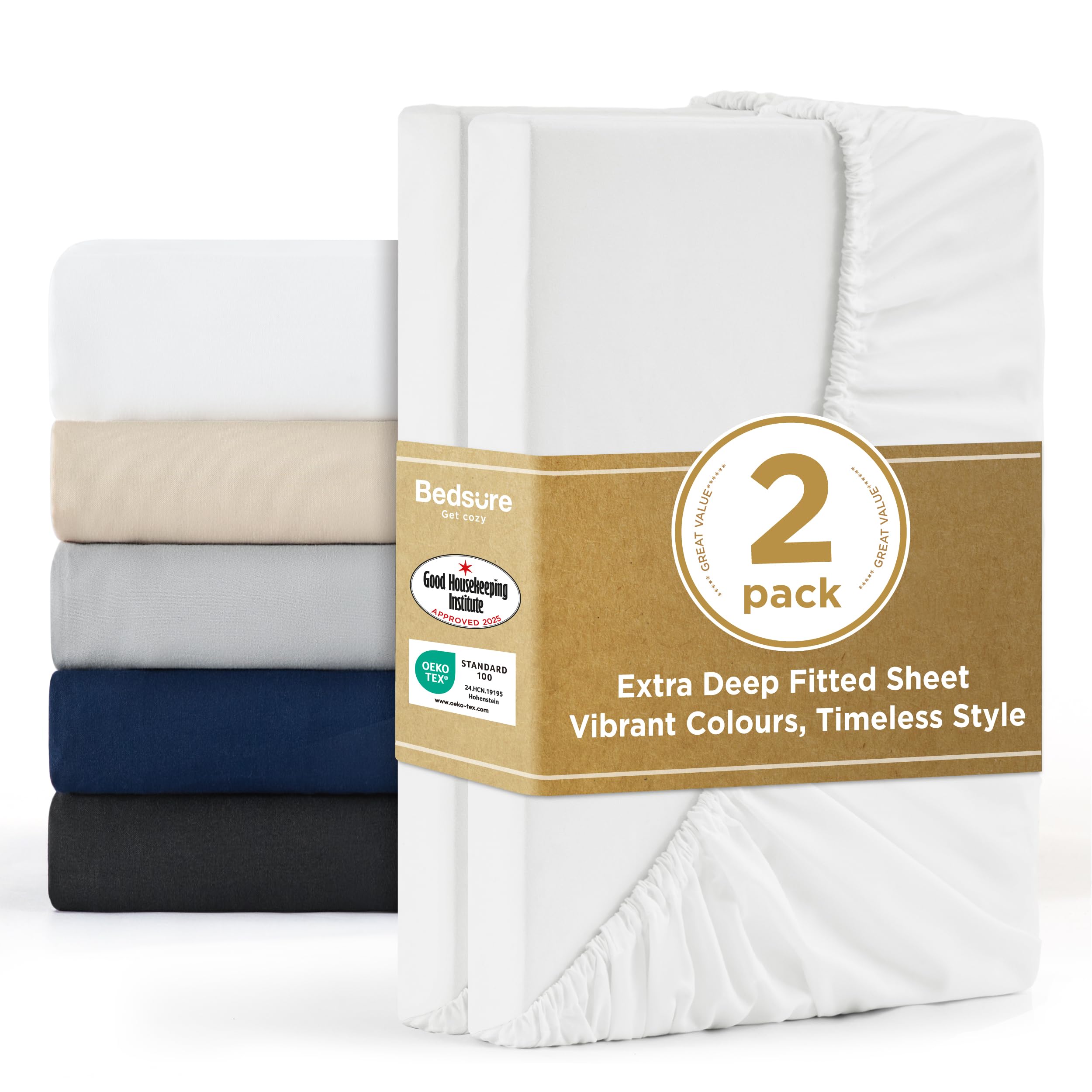 Bedsure Super King Fitted Sheet - 2 Pack Bed Sheets Extra Deep Pocket 16 inch (40 cm) made of Soft Brushed Microfiber for Super King Bed, 180x200cm, White — image 1