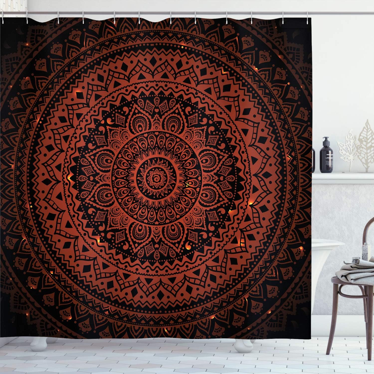 Ambesonne Mandala Stall Shower Curtain, Mandala Pattern in Dark Colors Antique Style Illustration Symmetrical, Fabric Bathroom Decor Set with Hooks, 36" W x 72" L, Brown Yellow