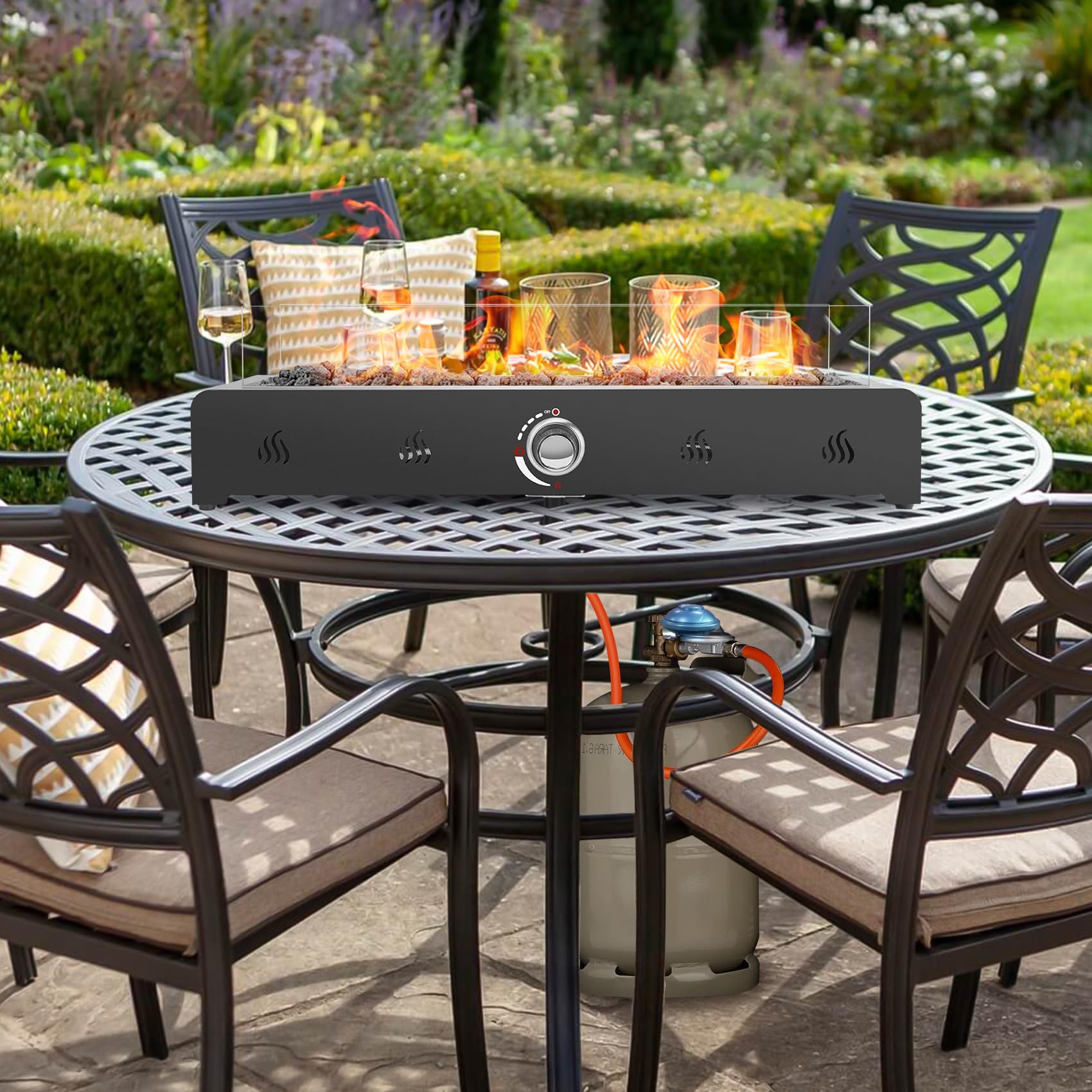 onlyfire 72cm Tisch-Gas-Feuerstelle, 6.5 kW Propan Gas Terrassenfeuer Tischkamin mit Unterer Lufteinlass, Glaswindschutz & Lavastein, Rechteckig Tischfeuerstelle Outdoor für Terrasse Garten