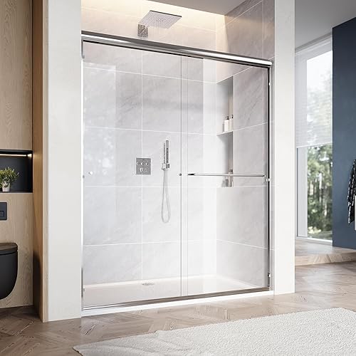 Miniatura 43 de SUNNY SHOWER Puerta de ducha semi-sin marco de 60 pulgadas de ancho x 72 pulgadas de alto, puerta de ducha de vidrio doble corredera, cabina
