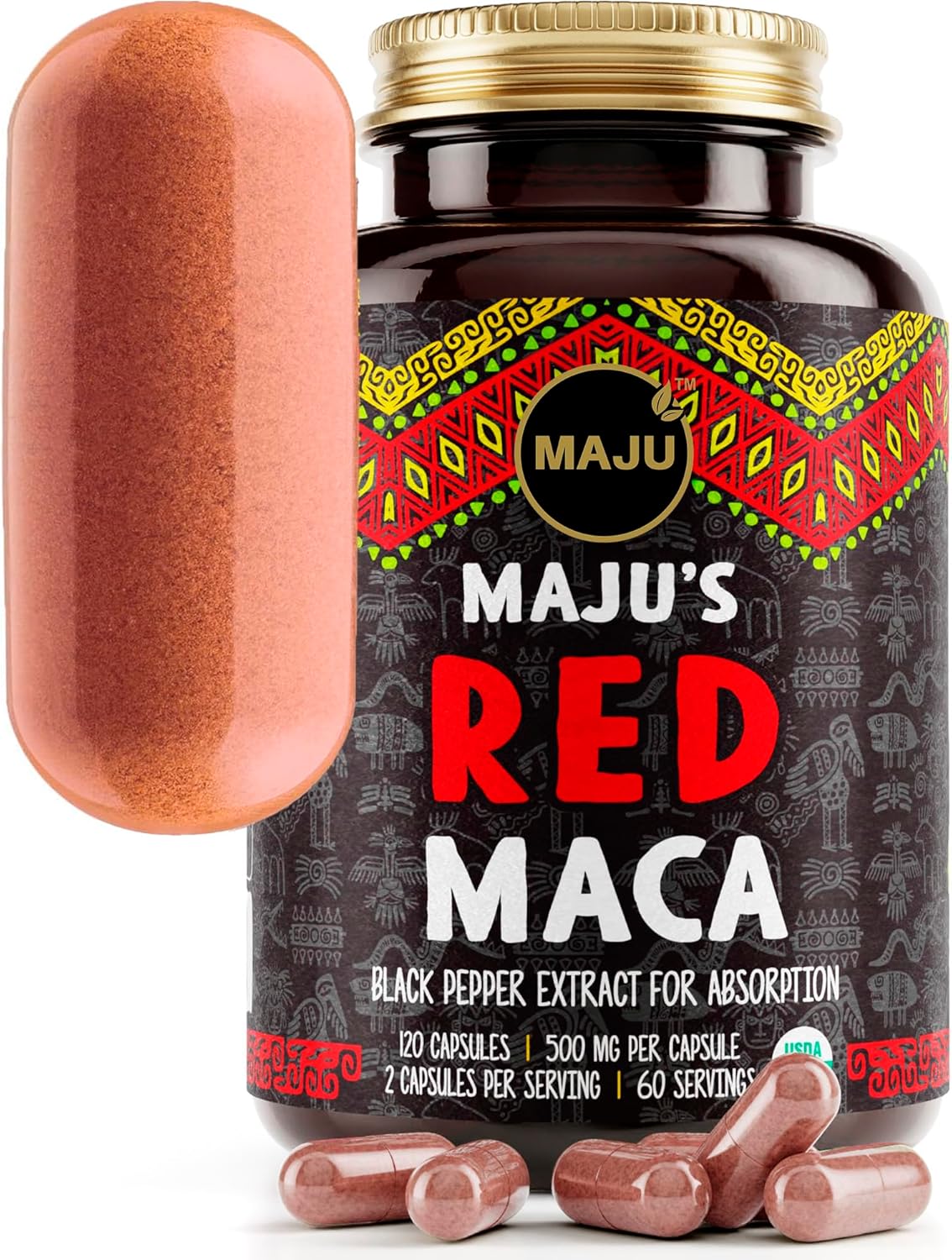 Maju Superfoods Organic Red Maca Root Capsules 120ct - Women Focused Curve Enhancement Nutrition Booster Pills, Gain for Thighs, Powder in Pill Supplement