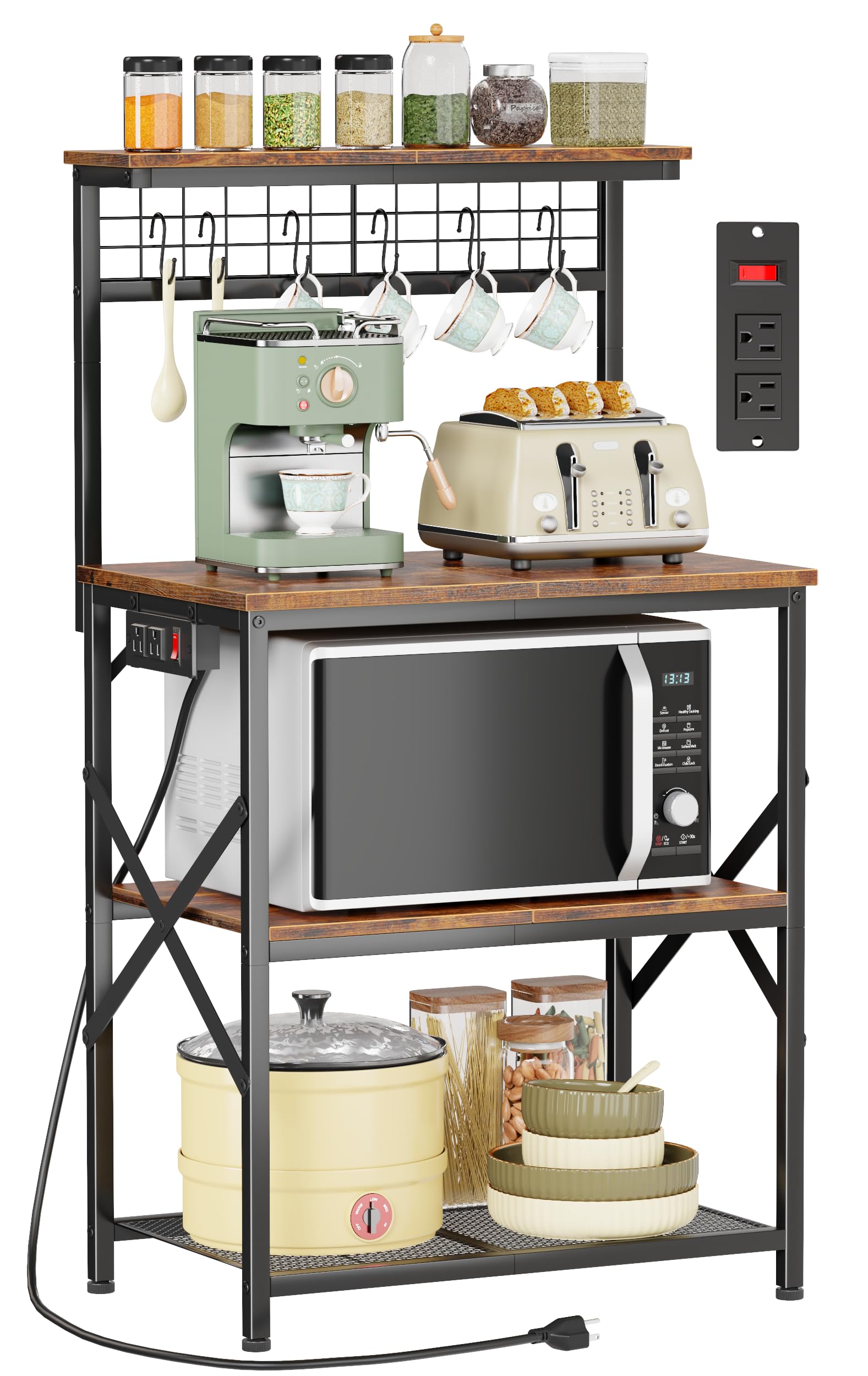 Furologee rustic brown bakers rack with power outlet, pegboard, hooks, and four shelves