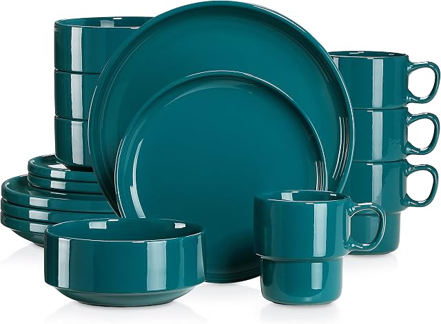 LOVECASA Porcelain Dinner Set 16-Piece Combination Service, Dinnerware Set for 4 People | Dinner Plates, Cups, Dessert Plates and Bowls, Dark Green