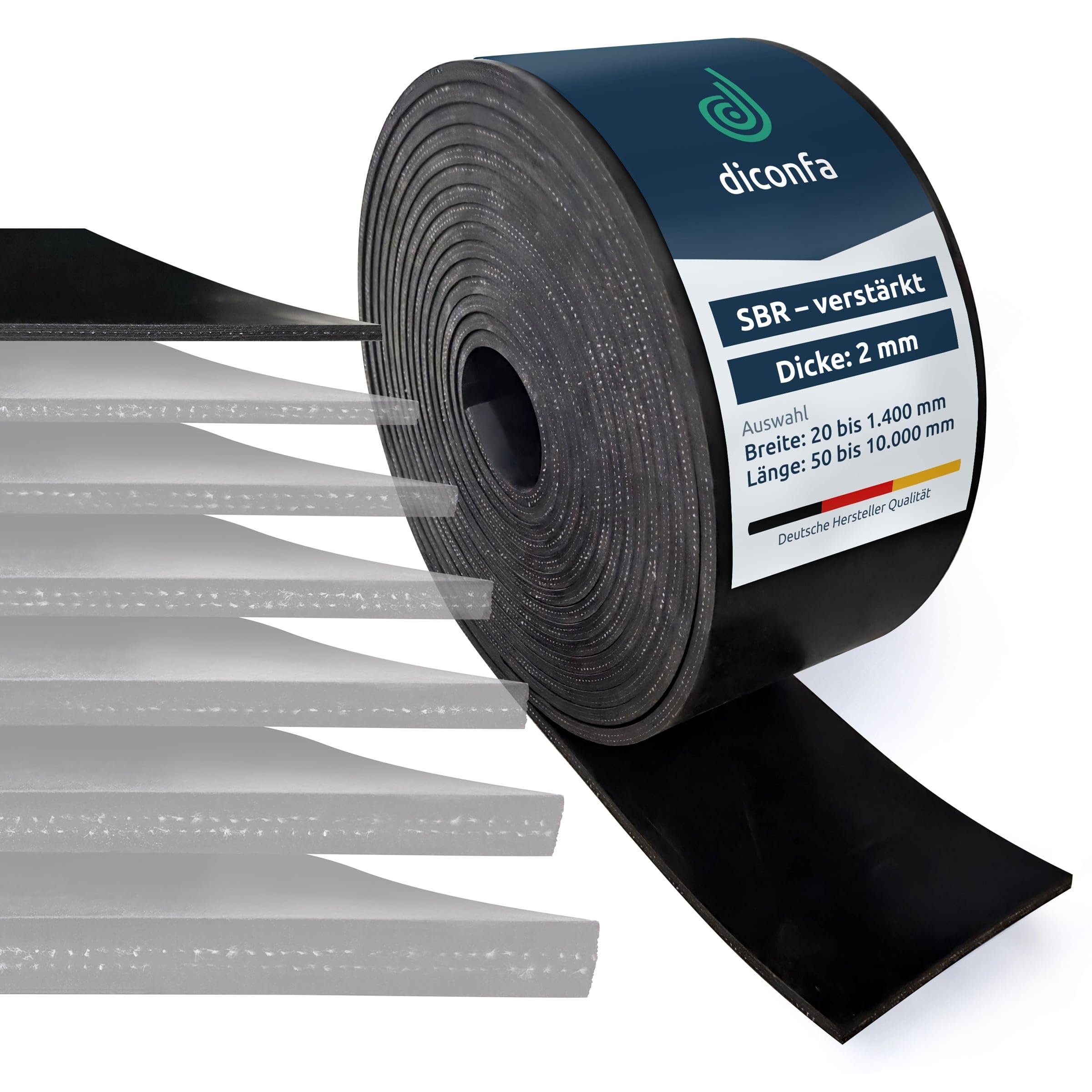 diconfa Gummimatte mit GEWEBEEINLAGE nach Maß 2mm STARK 20mm bis 1400mm BREIT 0,05m bis 10m LANG Auswahl: 300 x 3000mm, 2mm dick mit 1 Einlage verstärkte Gummiplatte SBR Hartgummi Vollgummi