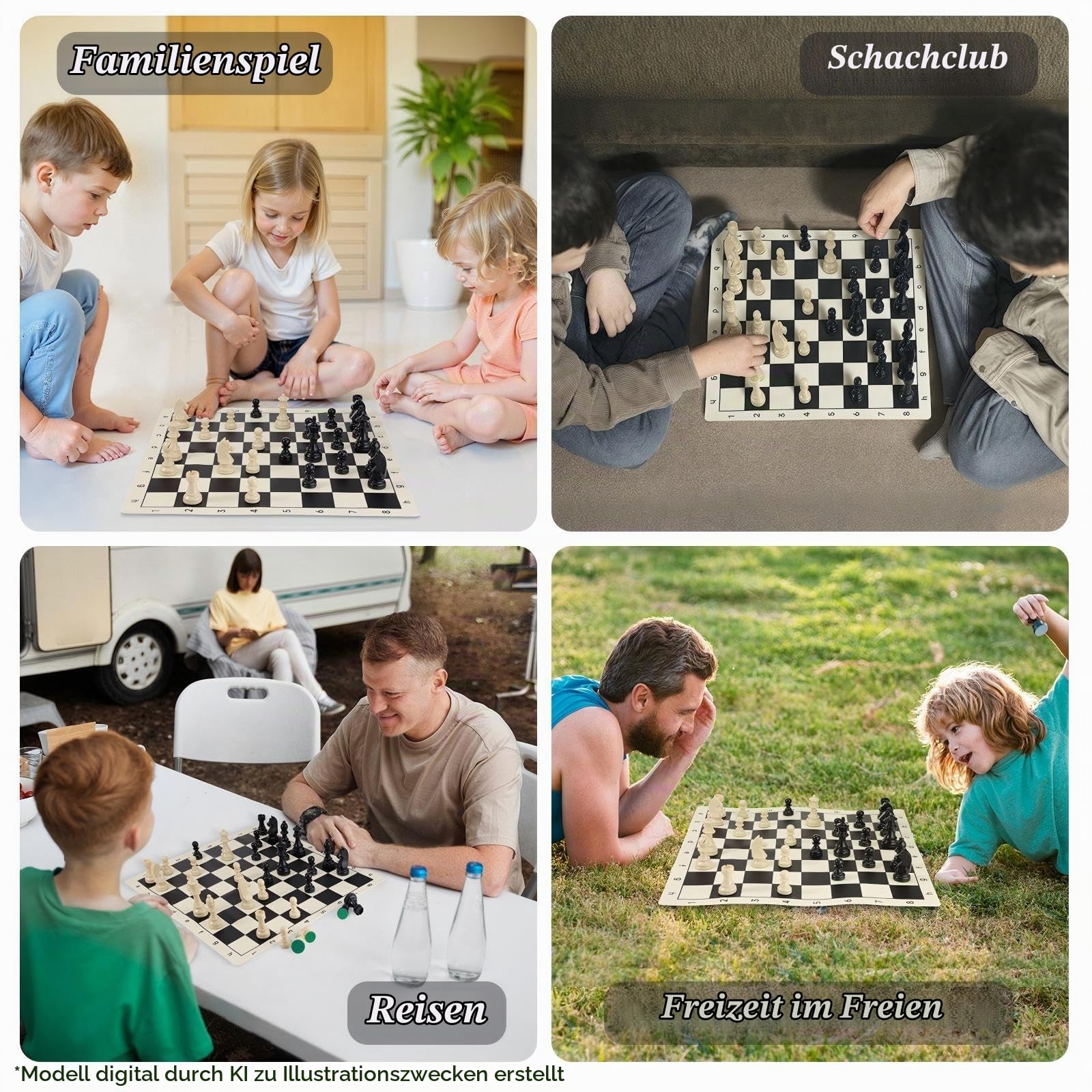 Schachspiel - 20" Silikon Schachbrett Set, 3,86" König Höhe Gewichtete Teile mit 2 Extra Königinnen, Faltbares Schachbrett Tragbares Reise Turnier Schach mit Tragetasche