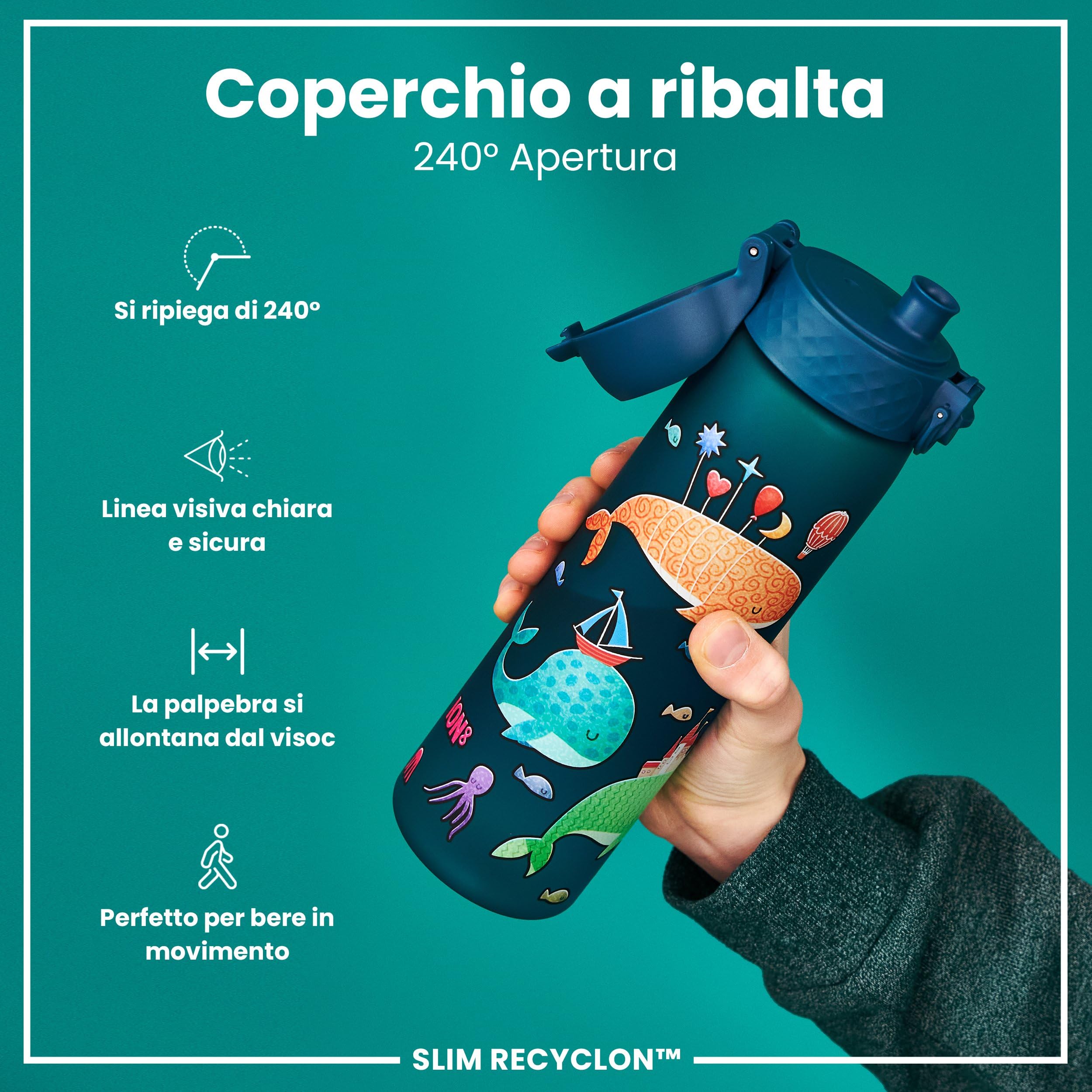 Ion8 Borraccia a Prova di Perdite, 500ml, Facile da Aprire, Serratura Sicura, Lavabile in Lavastoviglie, Senza BPA, Maniglia per il Trasporto, Adatta a Portabicchieri, Facile Pulizia, Balene