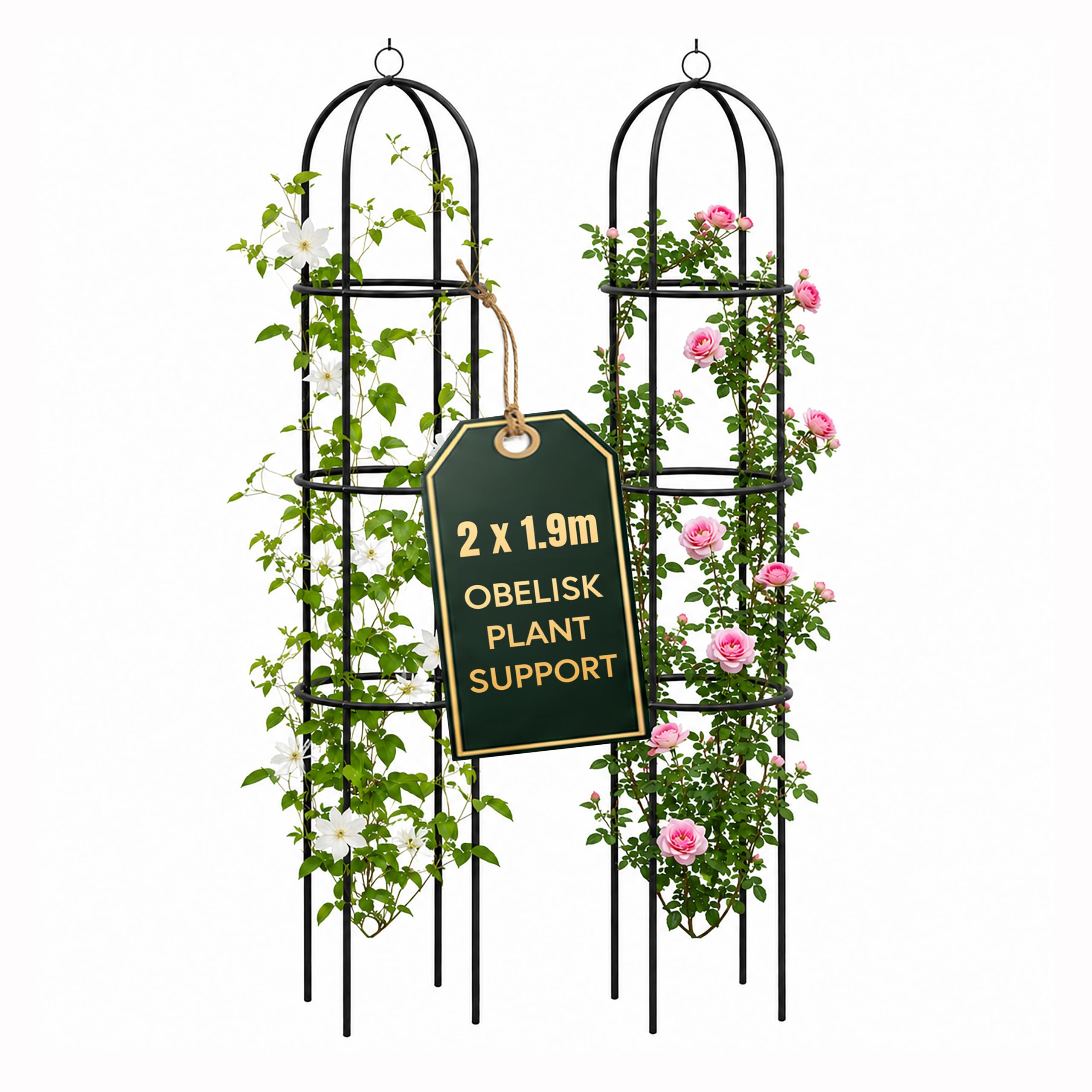 2 Pack Large Metal Garden Obelisk Plant Support for Climbing Plants 190cm Black