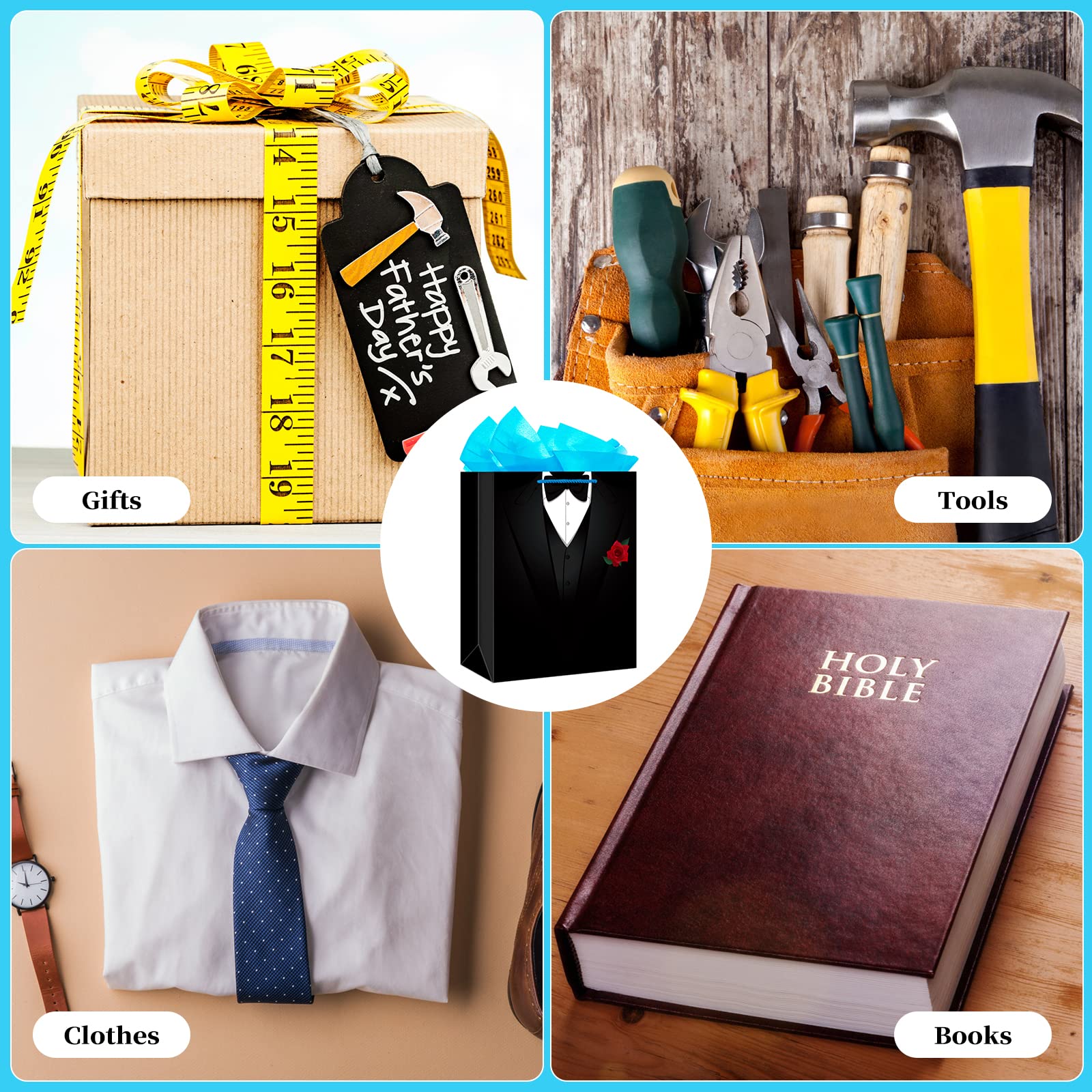 FLYAB Birthday Bags for Men - 11.5" Large Happy Birthday Present Bag with Handle and Tissue Paper for Men Groomsmen Wedding Bridal Retirement Graduation Showert Bags Party Favor