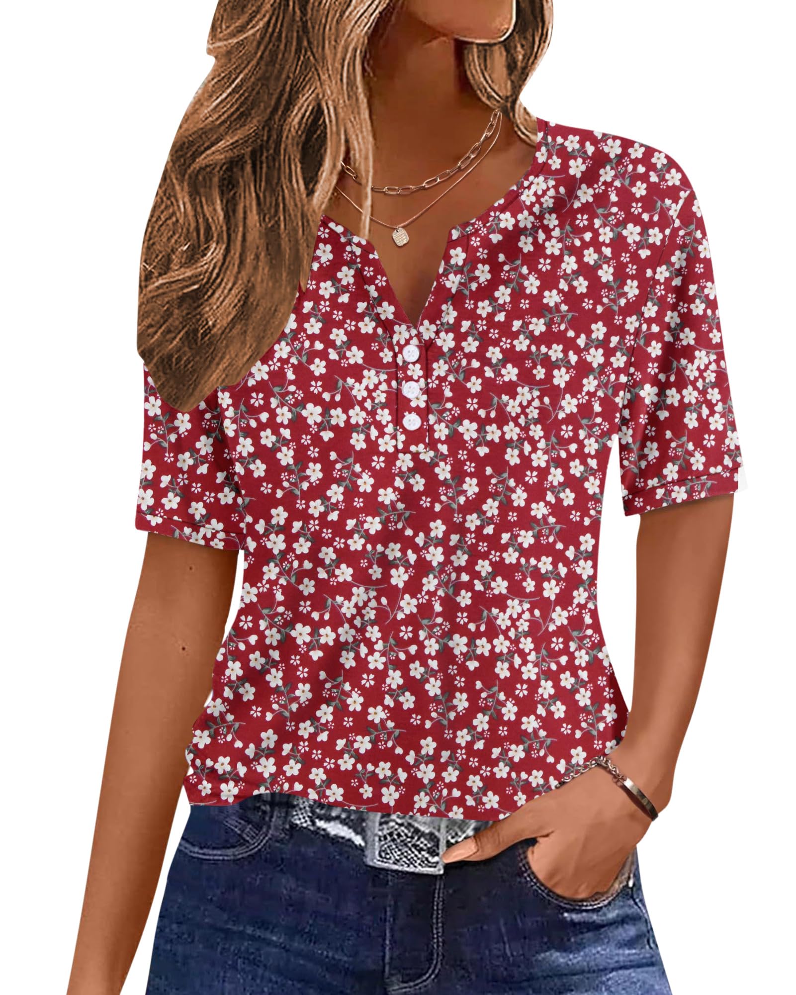 WNEEDU Damen Sommer T-Shirt Henley Shirts V-Ausschnitt Blusen Top Basic Oberteile Kurzarm Tshirt mit Knöpfen Rote Blumen L