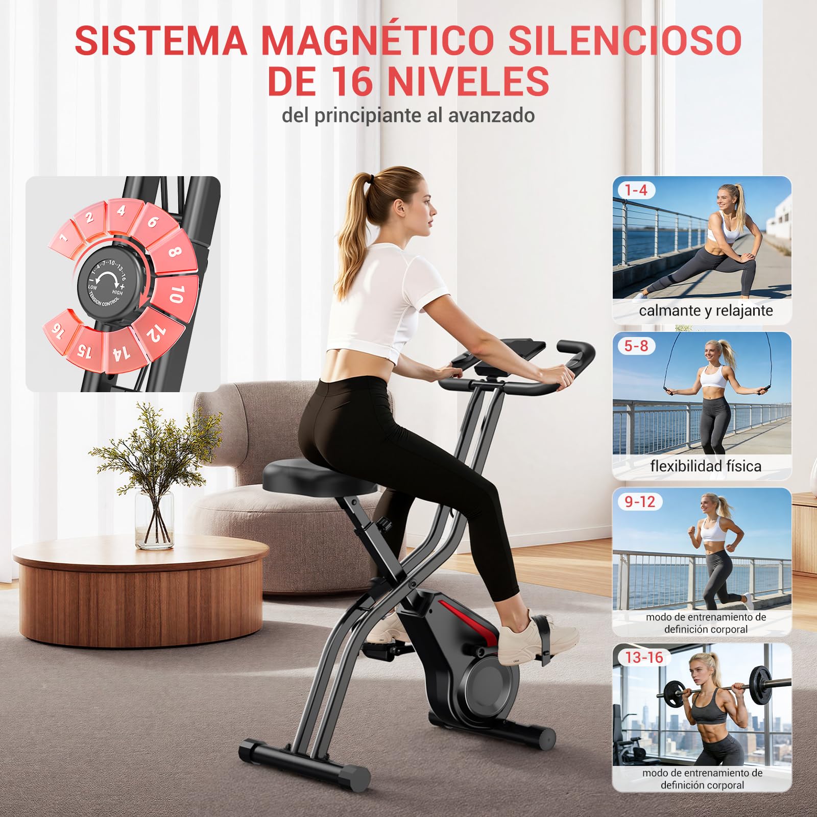 CURSOR Bicicleta estática plegable, 5 en 1Bicicleta spinning profesional | con Resistencia Magnética de 16 Niveles, Bicicleta estatica plegable para el hogar Bici de Sala con Asiento Cómodo,136 kg