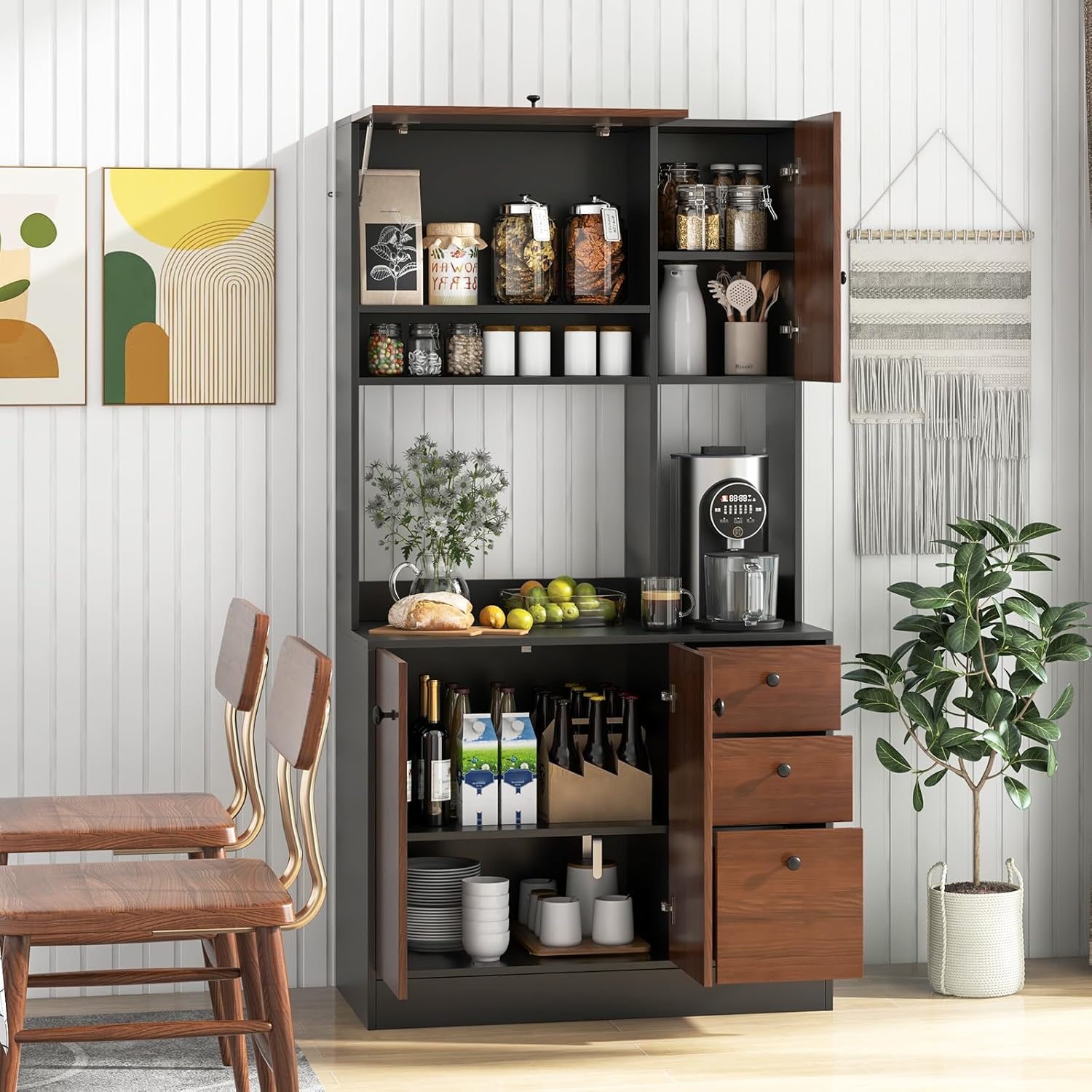 Kitchen Hutch Storage Cabinet, 71’’ Tall Freestanding Pantry Cabinet w/Doors, Microwave Cabinet w/Storage & Drawers, Buffet w/Hutch for Living Room, Dining Room, Restaurant (Black & Walnut)