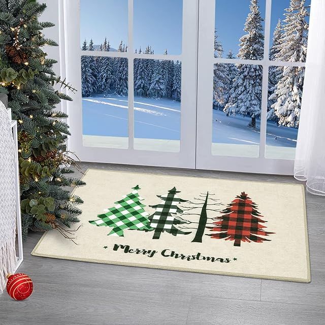 LinTimes Christmas Doormat, Welcome Mat Front Floor Mats, Non Slip Indoor Carpet Outdoor Shoes Scraper, Christmas Truck with Xmas Trees on Wooden Plank Red Plaid Rugs Doormats for Entryway 40x60cm