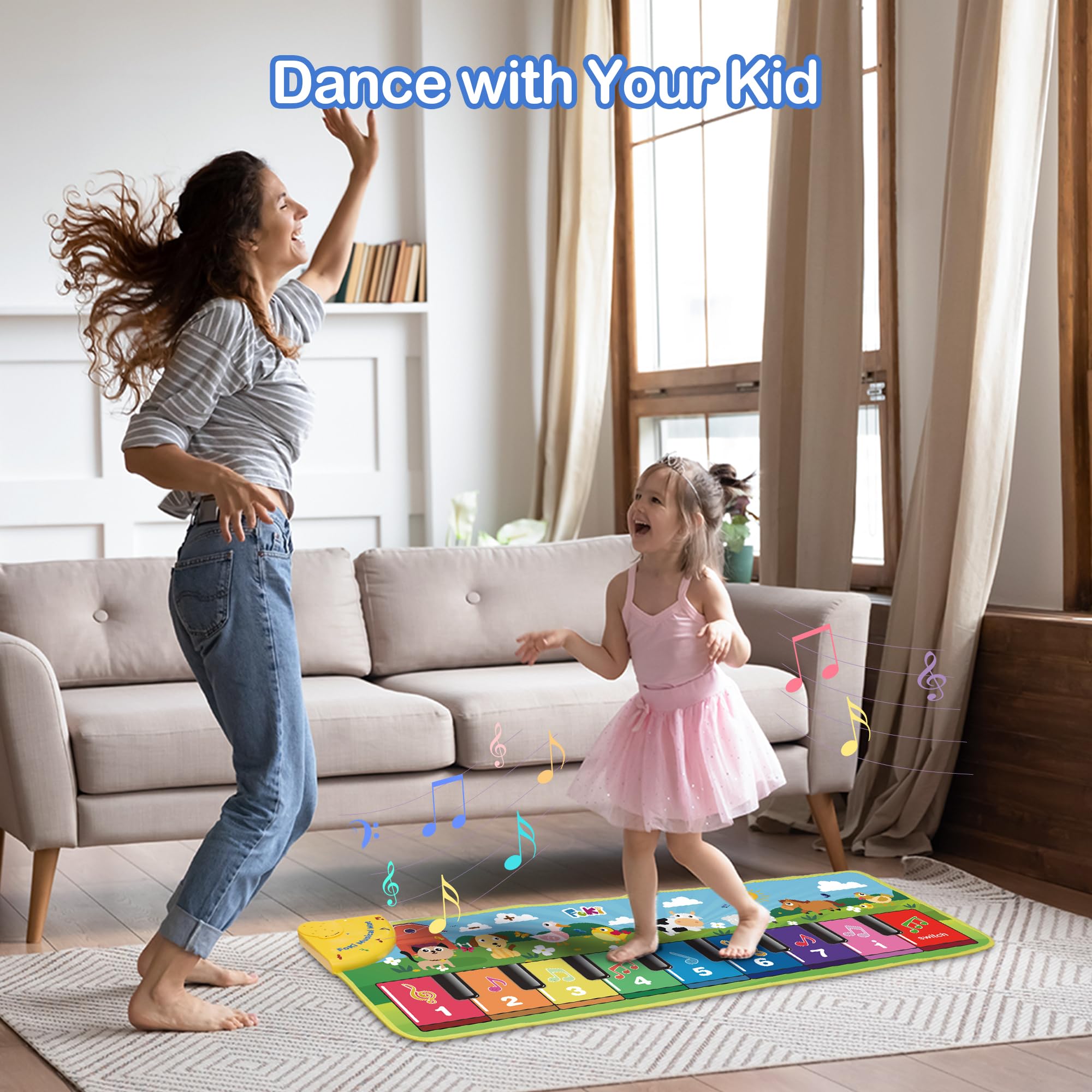FOKI Floor Piano Mat for Toddlers, Baby Kid Sensory Educational Dancing Keyboard Carpet Animal Sounds Blanket Touch Playmat Musical Mats Birthday Toddler Toys for 1 2 3 4 5 Year Old Boy Girl Gifts