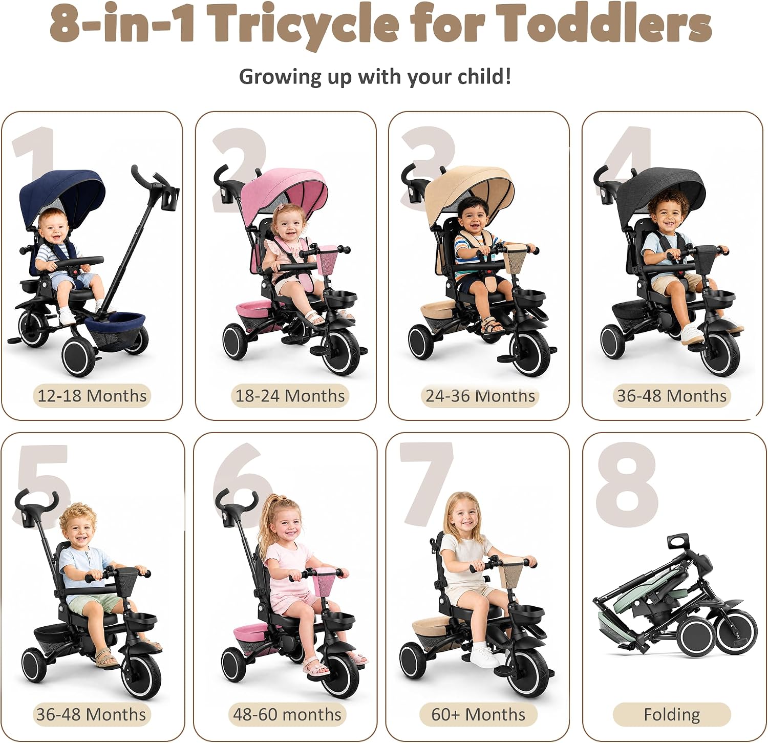TODEFULL Folding Kids Tricycle, 8 in 1 Toddler Trike W/Removable & Adjustable Canopy, Parent Handle, 5-Piont Harness, Toddler Bike Tricycle for Kids 1-6 Years, EVA Wheels, Storage Basket, Black