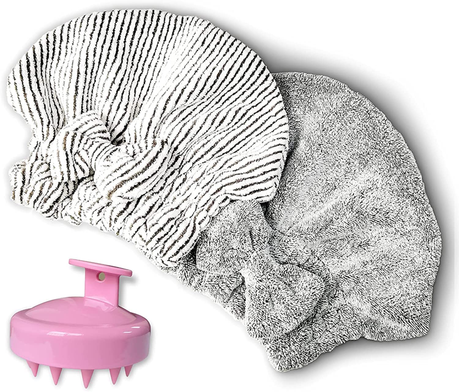 Hair Towel Cap, Microfiber Hair Towel Microfiber Soft Absorbent Quick Drying Cap for Curly Thick Hair, with Hair Shampoo Brush Scalp Massager for Women Girls-Set of 3 pcs